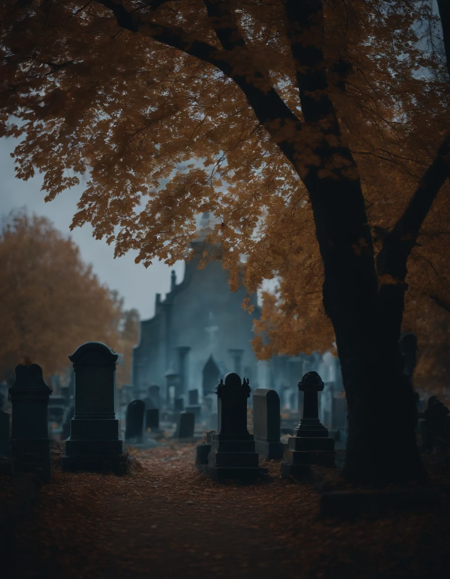 realistic, spooky graveyard, blue moonlight , autumn, old trees, paths, old buildings