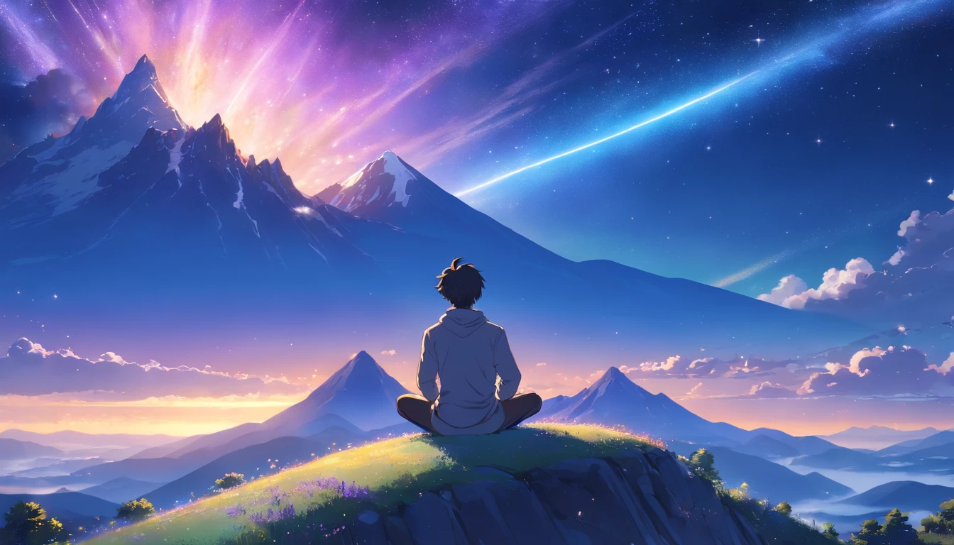 a muscular man meditating on a starry mountain, (best quality,4k,highres),ultra-detailed, realistic:1.37, serene, peaceful, powerful, (spiritual:1.1),(yoga),(at peace),(tranquil:0.9),(mindfulness),(harmony),strong physique,(muscular:1.1),calm facial expression, long hair flowing in the wind, (starlight illuminating),(serene atmosphere:1.1),(majestic scenery),(mountain peaks), (twinkling stars),(cosmic backdrop), (vivid colors),(deep blue sky), (soft lavender clouds),(gentle breeze),(serendipity),(interstellar:1.1)