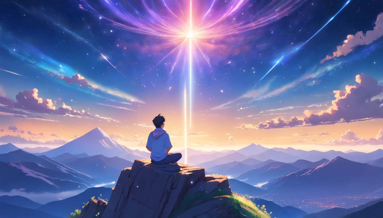 a muscular man meditating on a starry mountain, (best quality,4k,highres),ultra-detailed, realistic:1.37, serene, peaceful, powerful, (spiritual:1.1),(yoga),(at peace),(tranquil:0.9),(mindfulness),(harmony),strong physique,(muscular:1.1),calm facial expression, long hair flowing in the wind, (starlight illuminating),(serene atmosphere:1.1),(majestic scenery),(mountain peaks), (twinkling stars),(cosmic backdrop), (vivid colors),(deep blue sky), (soft lavender clouds),(gentle breeze),(serendipity),(interstellar:1.1)