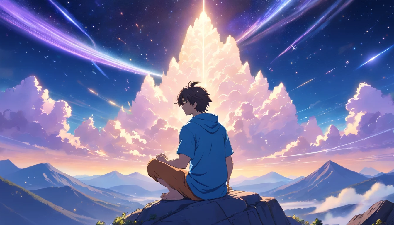 a muscular man meditating on a starry mountain, (best quality,4k,highres),ultra-detailed, realistic:1.37, serene, peaceful, powerful, (spiritual:1.1),(yoga),(at peace),(tranquil:0.9),(mindfulness),(harmony),strong physique,(muscular:1.1),calm facial expression, long hair flowing in the wind, (starlight illuminating),(serene atmosphere:1.1),(majestic scenery),(mountain peaks), (twinkling stars),(cosmic backdrop), (vivid colors),(deep blue sky), (soft lavender clouds),(gentle breeze),(serendipity),(interstellar:1.1)
