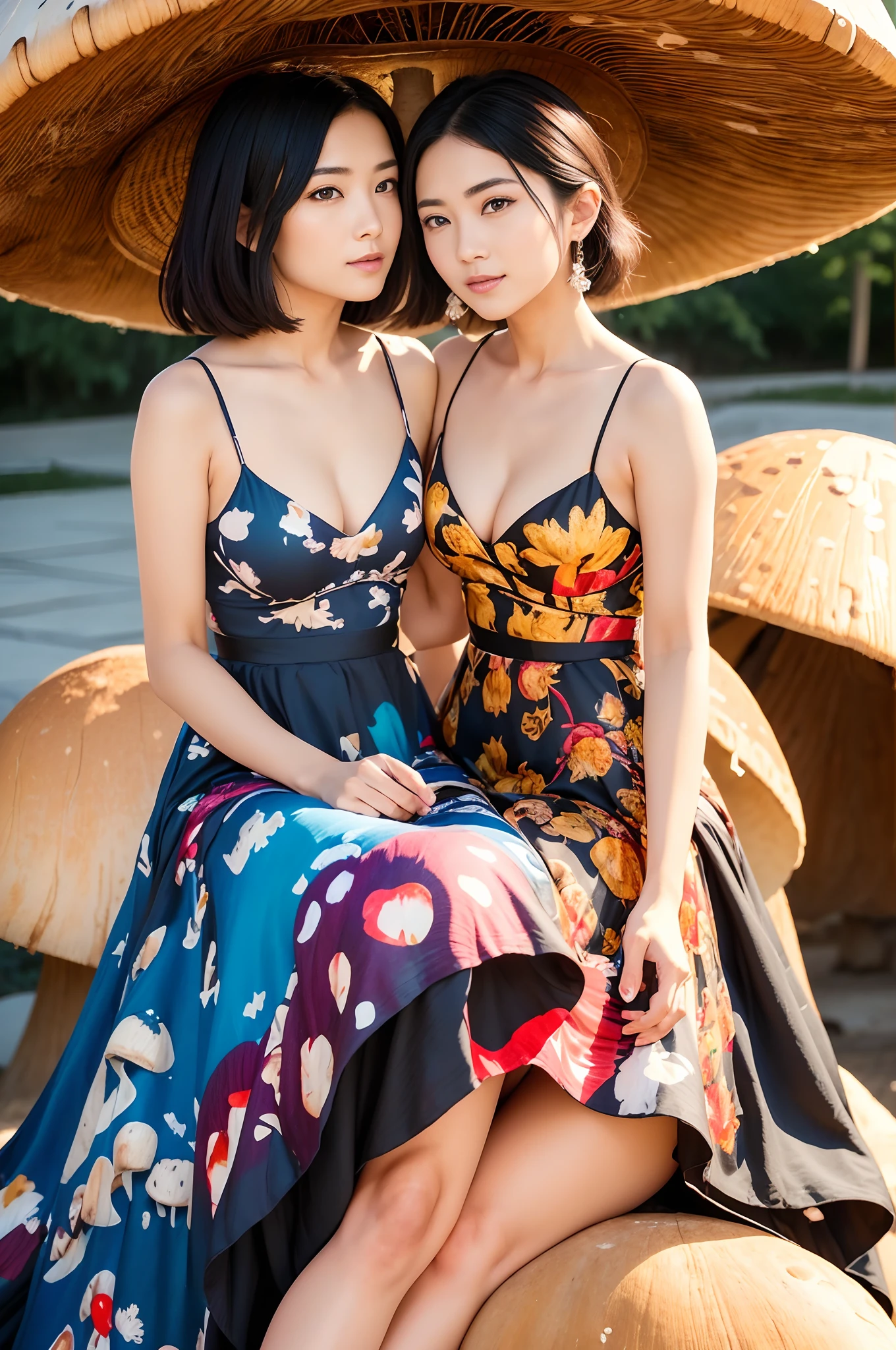 (Best quality,Masterpiece:1.2,Face focus:1.4,Wide eyes,Beautiful eyes:1.4,Dynamic posture),
Break,
(a couple of lesbians:1.5) sitting together on a (giant mushroom:1.2),leering:1.2,Tutu dress,vivd colour,
Break,
Fantastical world,fantasy,((Watercolor painting)),ulzang-6500-v1.1,