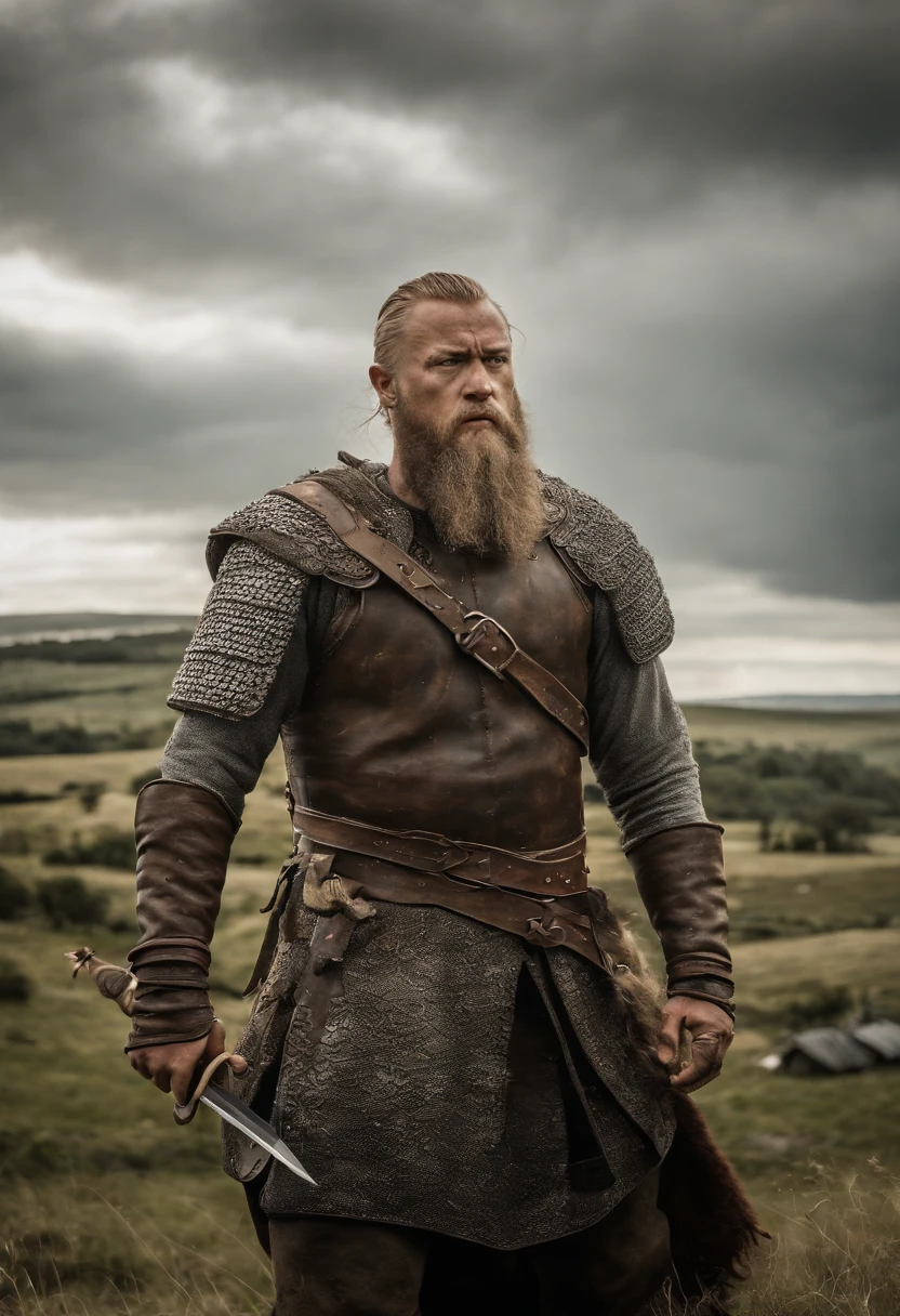 imagem ultra-realista de Ragnar Lothbrok, The legendary Norse warrior, in all its glory. He's standing on a battlefield, vestindo uma armadura detalhada e intrincada, made of darkened metal with engraved Nordic runes. A armadura brilha sob a luz do sol, mostrando sinais de batalhas anteriores, with small scratches and marks. A sword of Ragnar is desembainhada, with the sharp blade reflecting the surrounding environment. Ragnar's face is a perfect representation of his courage and experience. Ele tem barba e cabelos longos, todos meticulosamente detalhados, with individual visible wires. His eyes express determination and intensity, while his wrinkles tell the story of many battles won. A pele de seu rosto mostra cicatrizes de lutas passadas, highlighting his strength and tenacity. Ao fundo, The battlefield stretches as far as the eye can see, with Viking banners fluttering in the wind and your warriors preparing for battle. The sky is dramatic and full of clouds, creating a striking contrast with the Norse hero in the foreground. The image is so realistic that every detail of the armor, of Ragnar's hair and battlefield elements is visible in high definition, creating an epic and authentic representation of this legendary warrior.