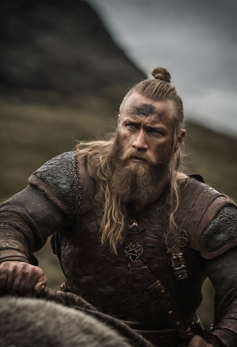 imagem ultra-realista de Ragnar Lothbrok, The legendary Norse warrior, in all its glory. He's standing on a battlefield, vestindo uma armadura detalhada e intrincada, made of darkened metal with engraved Nordic runes. A armadura brilha sob a luz do sol, mostrando sinais de batalhas anteriores, with small scratches and marks. A sword of Ragnar is desembainhada, with the sharp blade reflecting the surrounding environment. Ragnar's face is a perfect representation of his courage and experience. Ele tem barba e cabelos longos, todos meticulosamente detalhados, with individual visible wires. His eyes express determination and intensity, while his wrinkles tell the story of many battles won. A pele de seu rosto mostra cicatrizes de lutas passadas, highlighting his strength and tenacity. Ao fundo, The battlefield stretches as far as the eye can see, with Viking banners fluttering in the wind and your warriors preparing for battle. The sky is dramatic and full of clouds, creating a striking contrast with the Norse hero in the foreground. The image is so realistic that every detail of the armor, of Ragnar's hair and battlefield elements is visible in high definition, creating an epic and authentic representation of this legendary warrior.