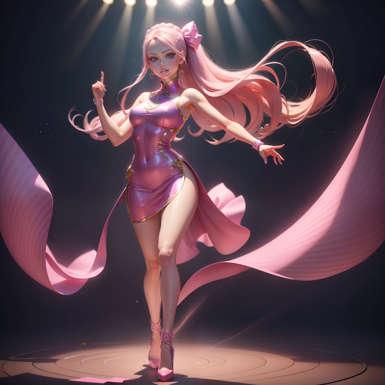 Barbie, ((Full body)), Blue eyes, Smiling face, Hair loss swaying in the wind, Hip Hop Singer Pose, Dressed in hip-hop style, Wearing a pink ao dai that reflects light like a mirror ball glowing in sequins, With a pink bow on the arm, Fashion, Extremely high quality, high details, 8K, clean back ground, in studio, ((Full body shot)),Fingers are realistic,Accurate Hand Modeling,