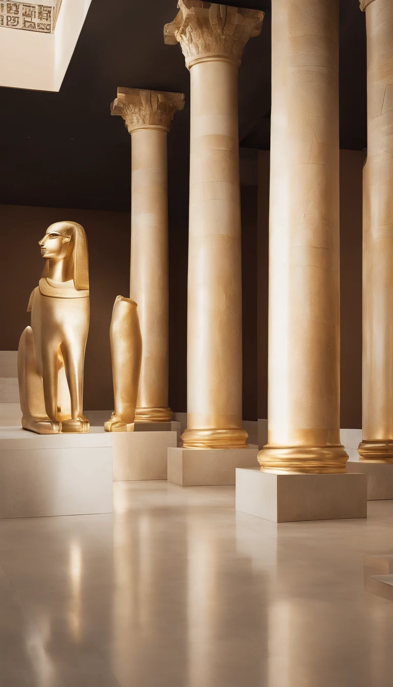 Explore the opulence of an ancient Egyptian palace with hieroglyphics, marble columns, and golden statues.