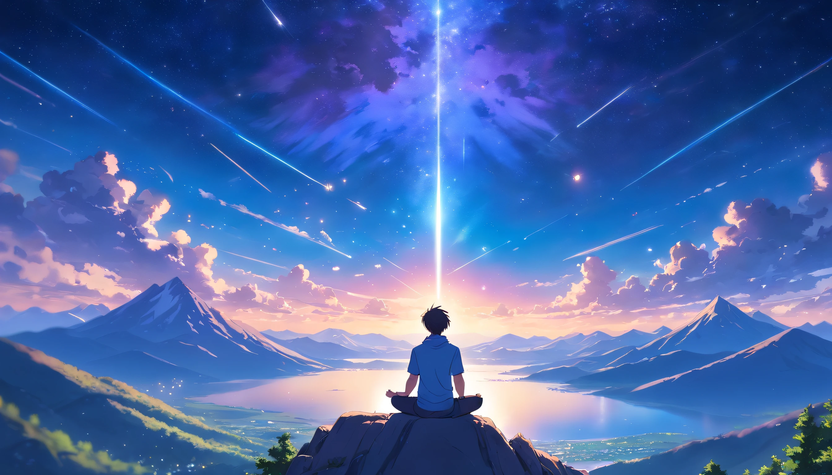 a muscular man meditating on a starry mountain, (best quality,4k,highres),ultra-detailed, realistic:1.37, serene, peaceful, powerful, (spiritual:1.1),(yoga),(at peace),(tranquil:0.9),(mindfulness),(harmony),strong physique,(muscular:1.1),calm facial expression, long hair flowing in the wind, (starlight illuminating),(serene atmosphere:1.1),(majestic scenery),(mountain peaks), (twinkling stars),(cosmic backdrop), (vivid colors),(deep blue sky), (soft lavender clouds),(gentle breeze),(serendipity),(interstellar:1.1)