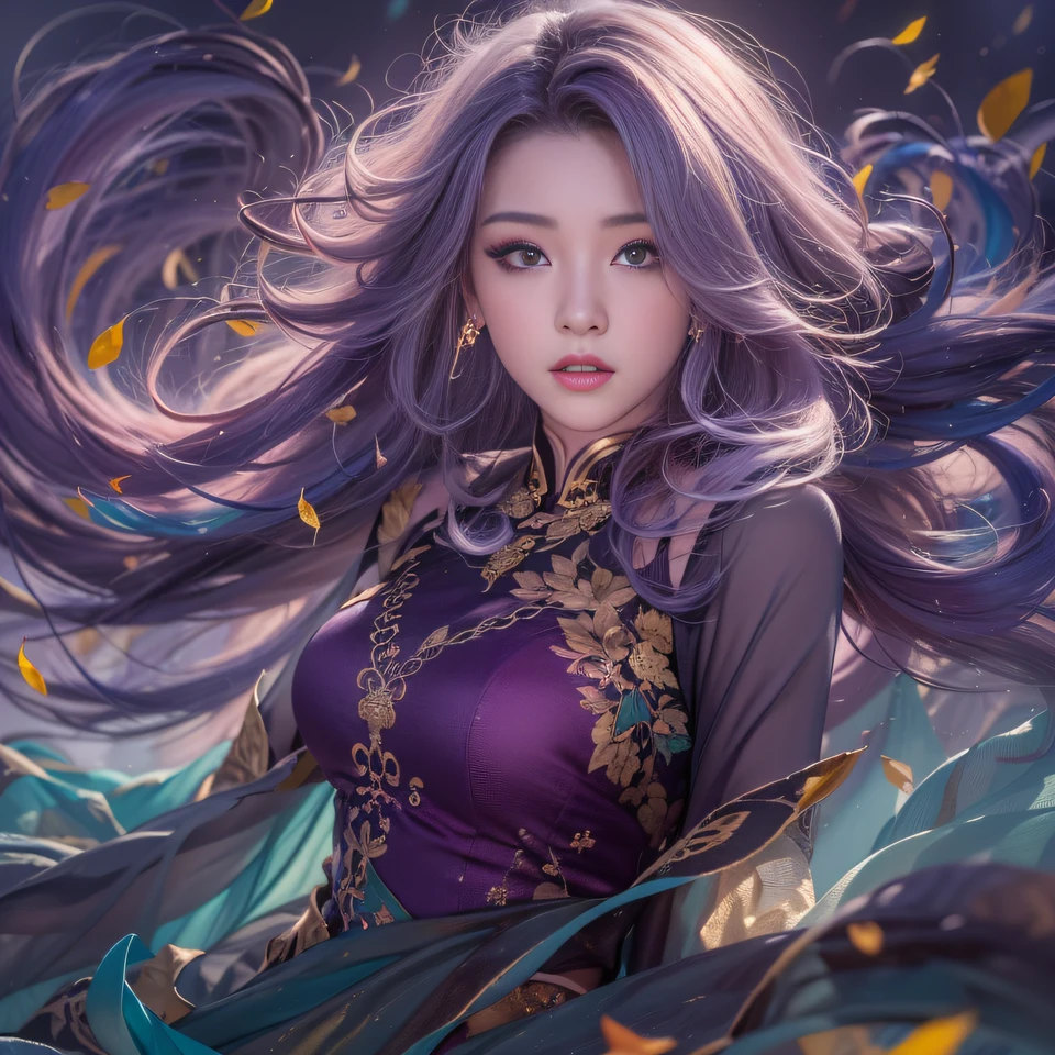 32K(tmasterpiece,k hd,hyper HD,32K)Long flowing bright purple hair,Autumn Pond,zydink, a color, Asian people (Kizi), (Red scarf), Combat posture, looking at the ground, long whitr hair, Floating bright purple, Fire cloud pattern gold tiara, Chinese long-sleeved gold silk garment, (abstract ink splash:1.2), white backgrounid,Lotus protector(realisticlying:1.4),Bright purple hair,Smoke on the road,The background is pure, A high resolution, the detail, RAW photogr, Sharp Re, Nikon D850 Film Stock Photo by Jefferies Lee 4 Kodak Portra 400 Camera F1.6 shots, Rich colors, ultra-realistic vivid textures, Dramatic lighting, Unreal Engine Art Station Trend, cinestir 800,Long flowing bright purple hair