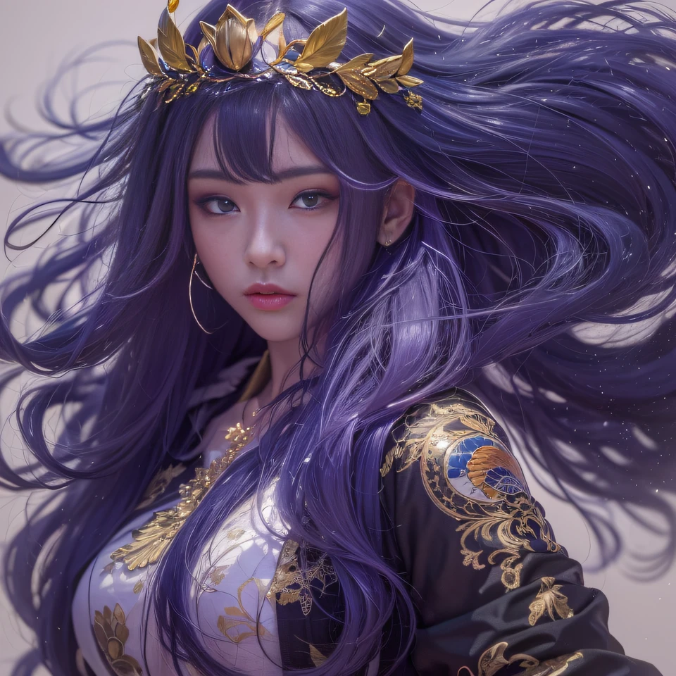 32K（tmasterpiece，k hd，hyper HD，32K）Long flowing bright purple hair，Autumn Pond，zydink， a color， Asian people （Kizi）， （Red scarf）， Combat posture， looking at the ground， long whitr hair， Floating bright purple， Fire cloud pattern gold tiara， Chinese long-sleeved gold silk garment， （abstract ink splash：1.2）， white backgrounid，Lotus protector（realisticlying：1.4），Bright purple hair，Smoke on the road，The background is pure， A high resolution， the detail， RAW photogr， Sharp Re， Nikon D850 Film Stock Photo by Jefferies Lee 4 Kodak Portra 400 Camera F1.6 shots, Rich colors, ultra-realistic vivid textures, Dramatic lighting, Unreal Engine Art Station Trend, cinestir 800，Long flowing bright purple hair