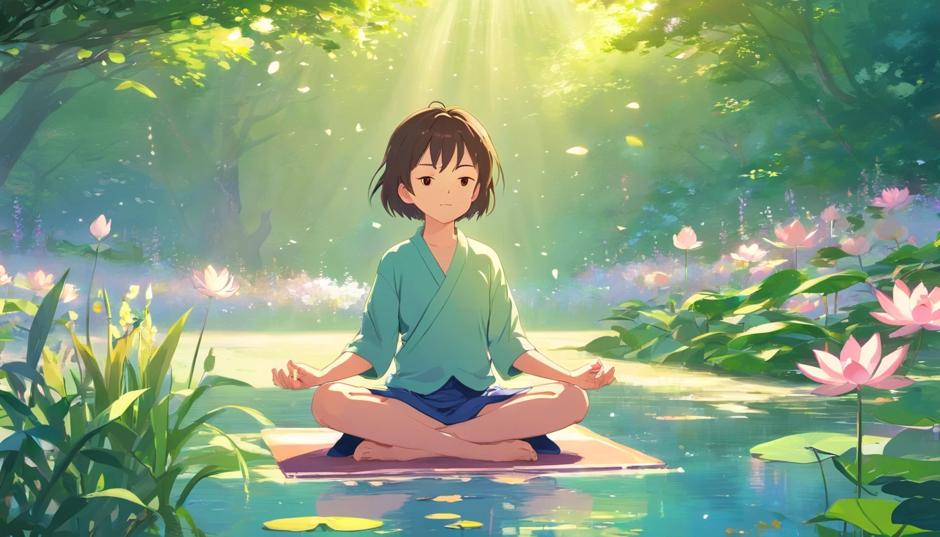 a child meditating,in a peaceful garden,serene expression,lotus position,blossoming flowers,soft sunlight,tranquility,vibrant colors,harmonious atmosphere,meditation practice,deep focus,innocence,inner peace,spiritual journey,growth and self-discovery,zen-like calm,connected with nature,calmness of mind,butterflies dancing,serenity,stillness,gentle breeze,happiness and contentment,quietude,inspiration,inner light,positive energy,balanced emotions,centeredness,awareness,harmony between body and mind,blissful state of being,quiet reflection,still waters,serene surroundings,mental clarity,serendipity,joyful moment,wholeness and unity,awakening of consciousness,peaceful sanctuary,embrace of silence,deep serenity,harmonious existence,lightness of being,graceful movements of the child's body.