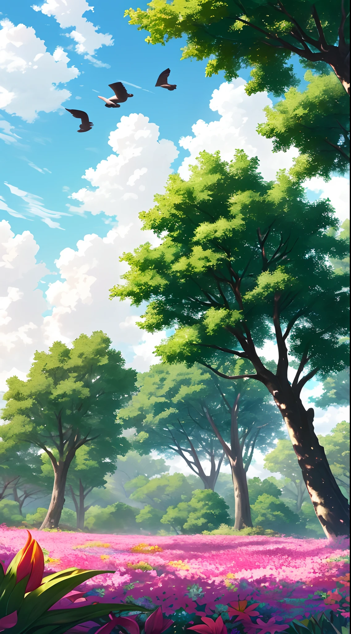 Wide green spaces, many colorful flowers, beautiful clouds, birds flying in the sky, a green tree with dense branches,