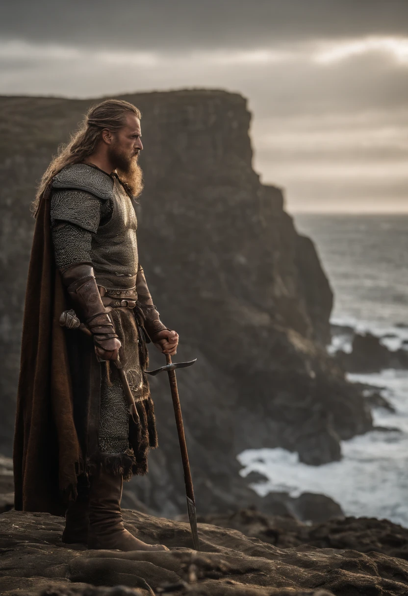 Ragnar is standing on a rocky beach, com o mar agitado ao fundo, indicating the adventure that will unfold. He's got his back to the water, with a small Viking vessel moored in the sand, pronta para zarpar. The vessel is carved with intricate details, with Nordic runes carved into the sides.
Ragnar wears a typical Norse warrior's costume, with a leather tunic adorned with carvings and metal details. He's tightly tying a fur cape over his shoulders, enquanto o vento suave agita a ponta da capa, criando um efeito visual impressionante.
Ragnar's eyes are fixed on the horizon, reflecting a mix of emotions, including determination, coragem e um toque de nostalgia. Seu rosto mostra marcas de batalhas passadas, evidencing his experience as a warrior. He holds a curved blade sword in one hand, while the other is close to his face, Blocking out the morning sun to see more clearly.
Every aspect of the scene is represented in extreme detail, from the textures of the tunic and cape to the texture of the rocks and wood of the vessel. The reflection of light in the sea waters and the gentle breeze that ruffles Ragnar's hair are visible, Creating an image that looks so real that you could feel the salty wind and hear the sound of the waves crashing in the background."