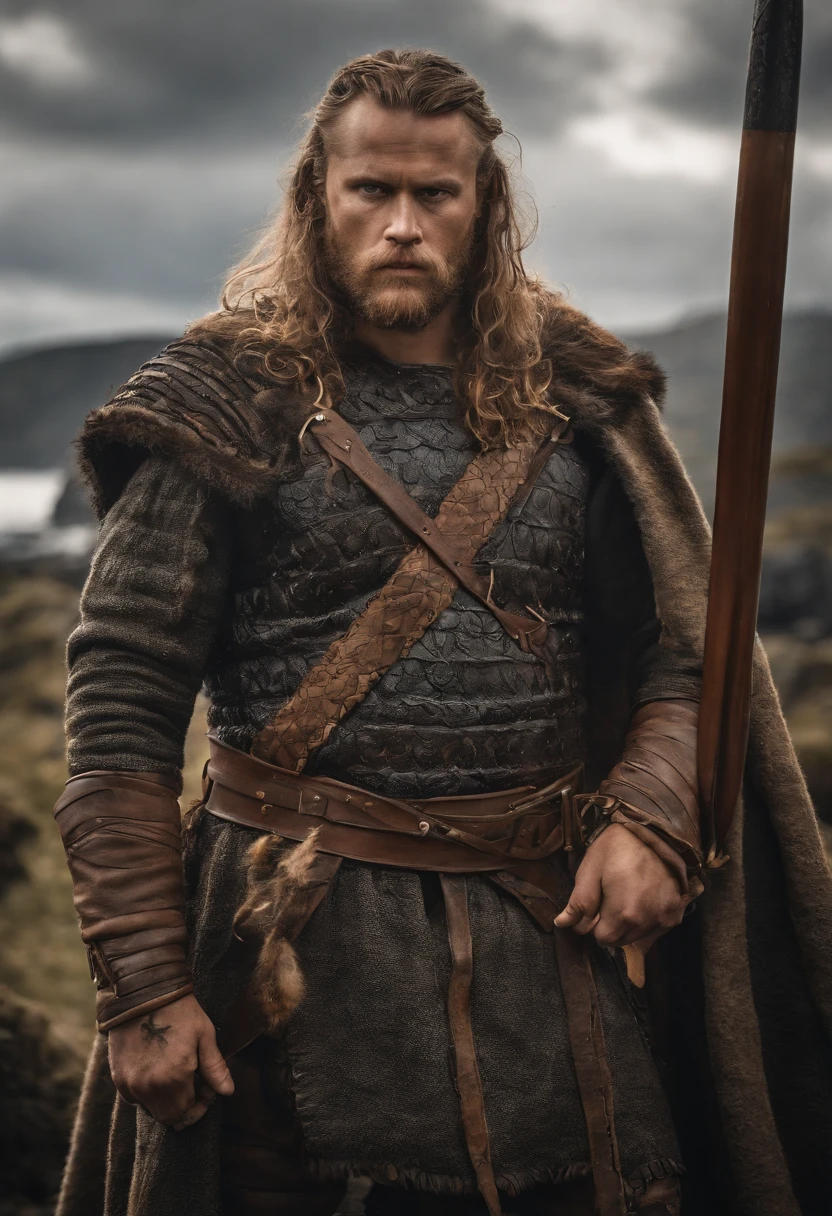 Ragnar is standing on a rocky beach, com o mar agitado ao fundo, indicating the adventure that will unfold. He's got his back to the water, with a small Viking vessel moored in the sand, pronta para zarpar. The vessel is carved with intricate details, with Nordic runes carved into the sides.

Ragnar wears a typical Norse warrior's costume, with a leather tunic adorned with carvings and metal details. He's tightly tying a fur cape over his shoulders, enquanto o vento suave agita a ponta da capa, criando um efeito visual impressionante.

Ragnar's eyes are fixed on the horizon, reflecting a mix of emotions, including determination, coragem e um toque de nostalgia. Seu rosto mostra marcas de batalhas passadas, evidencing his experience as a warrior. He holds a curved blade sword in one hand, while the other is close to his face, Blocking out the morning sun to see more clearly.

Every aspect of the scene is represented in extreme detail, from the textures of the tunic and cape to the texture of the rocks and wood of the vessel. The reflection of light in the sea waters and the gentle breeze that ruffles Ragnar's hair are visible, Creating an image that looks so real that you could feel the salty wind and hear the sound of the waves crashing in the background."