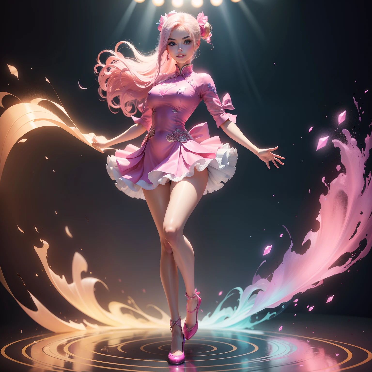 Barbie, ((Full body)), Blue eyes, Smiling face, Hair loss swaying in the wind, Hip Hop Singer Pose, Dressed in hip-hop style, Wearing a pink cheongsam that reflects light like a ball of mirror glowing with sequins, With a pink bow on the arm, Fashion, Extremely high quality, high details, 8K, clean back ground, in studio, ((Full body shot)),Fingers are realistic,Accurate Hand Modeling,