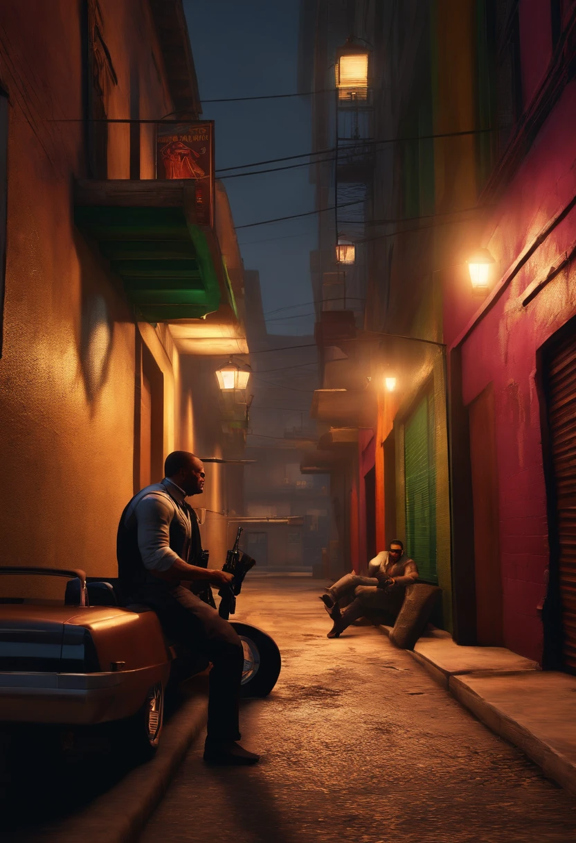 Create an image with GTA V graphics, personagens do mesmo estilo GTA V, 3 BANDIDOS SAINDO DE UMA LOJA QUE ACABARAM DE ASSALTAR, BUILDING NEXT DOOR WITH A GUN IN HAND GUARDING IN AN ALLEY