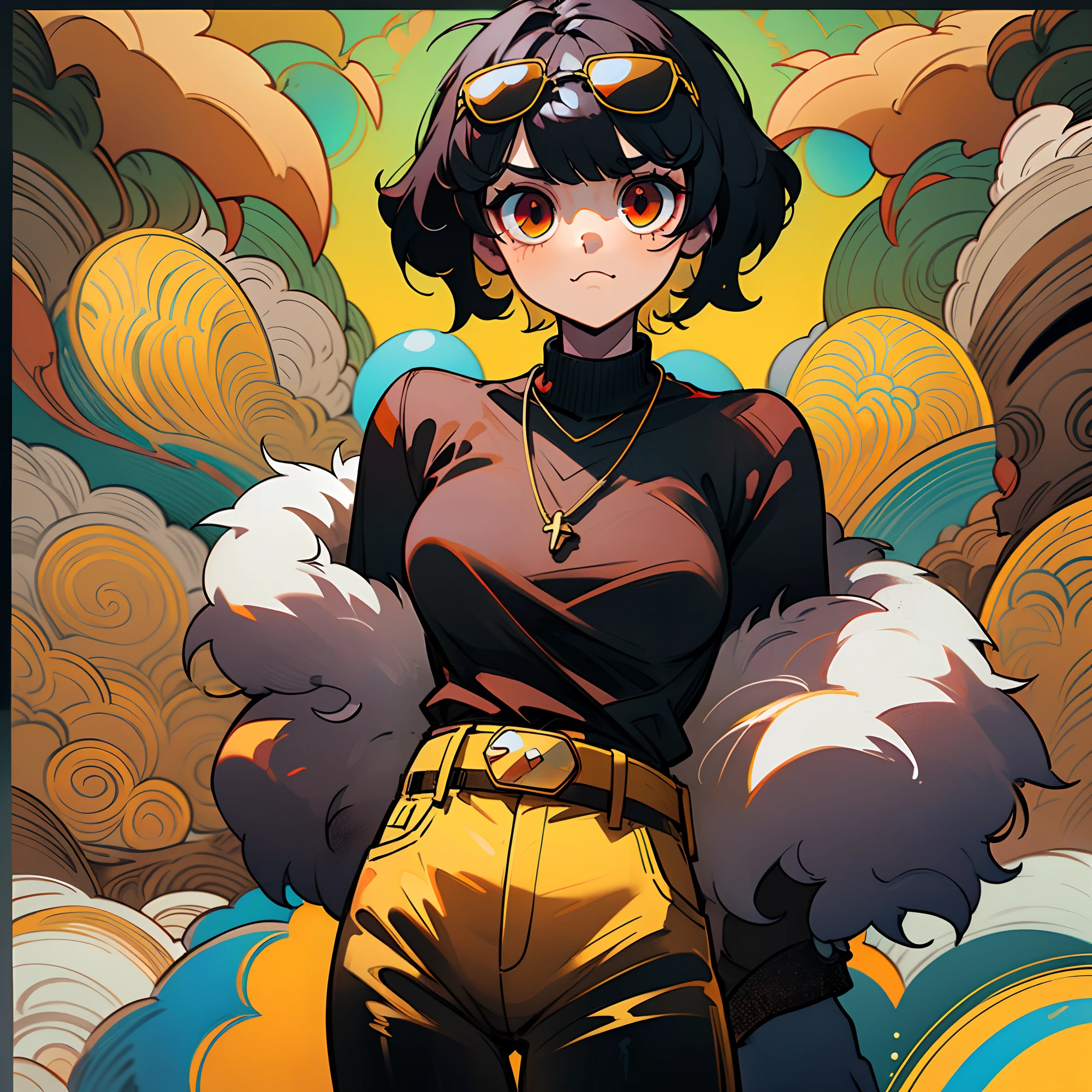 1female, 独奏, Portrait, (black short hair:1.3), (Hair asymmetry1.5), exuberant hair, Curls, red eyes, insane, black sweater top, Silver Necklace, (yellow sunglasses:1.3), yellow pants with black belt, night time