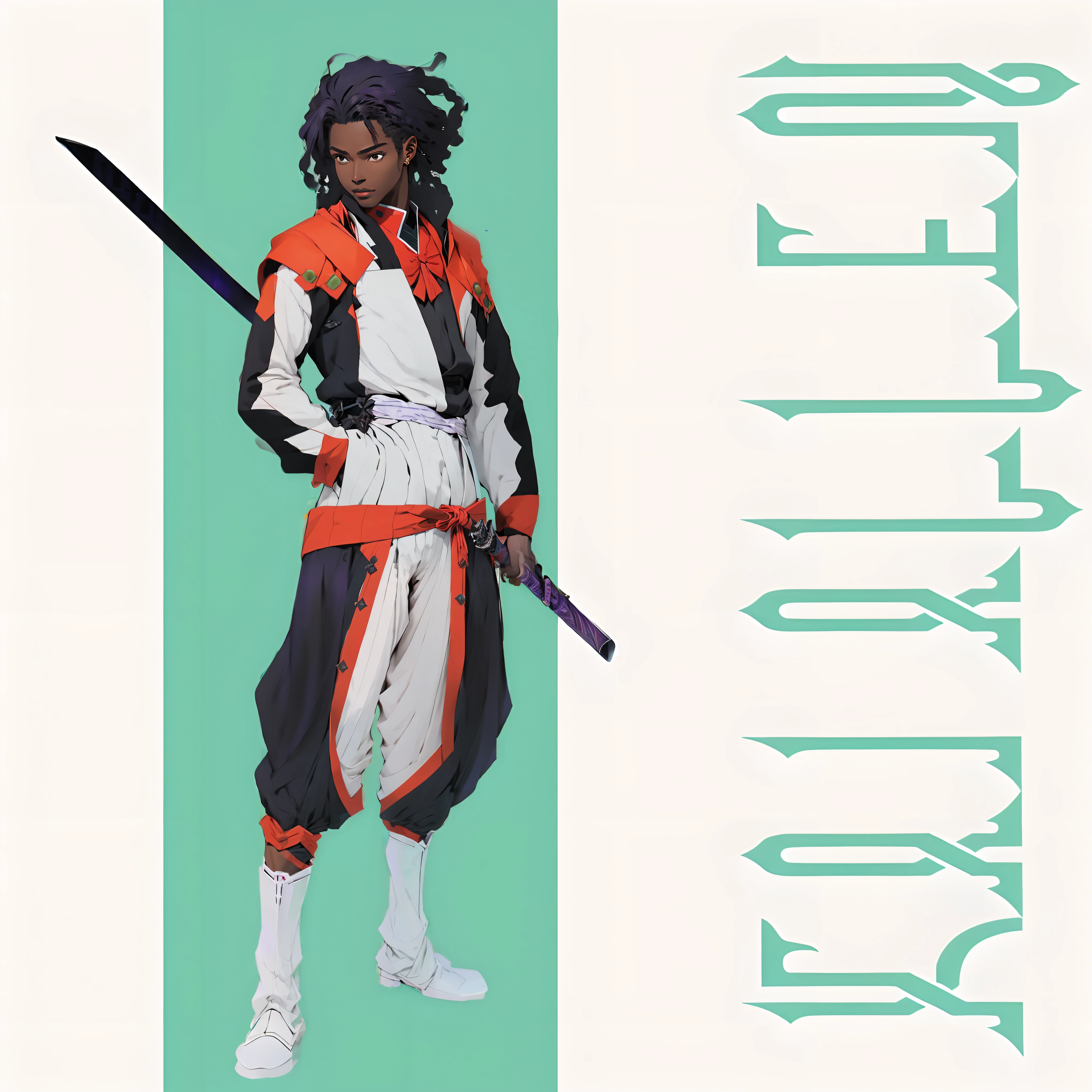 There is a black man with a long sword standing in front of a green background, um assassino adolescente negro ousado, sorriso personagens bonito, estilo anime, Estilo de Arte Violet Evergarden, official character illustration, Personagem de videogame Katana Zero, qualidade 8k, sombras aplicadas