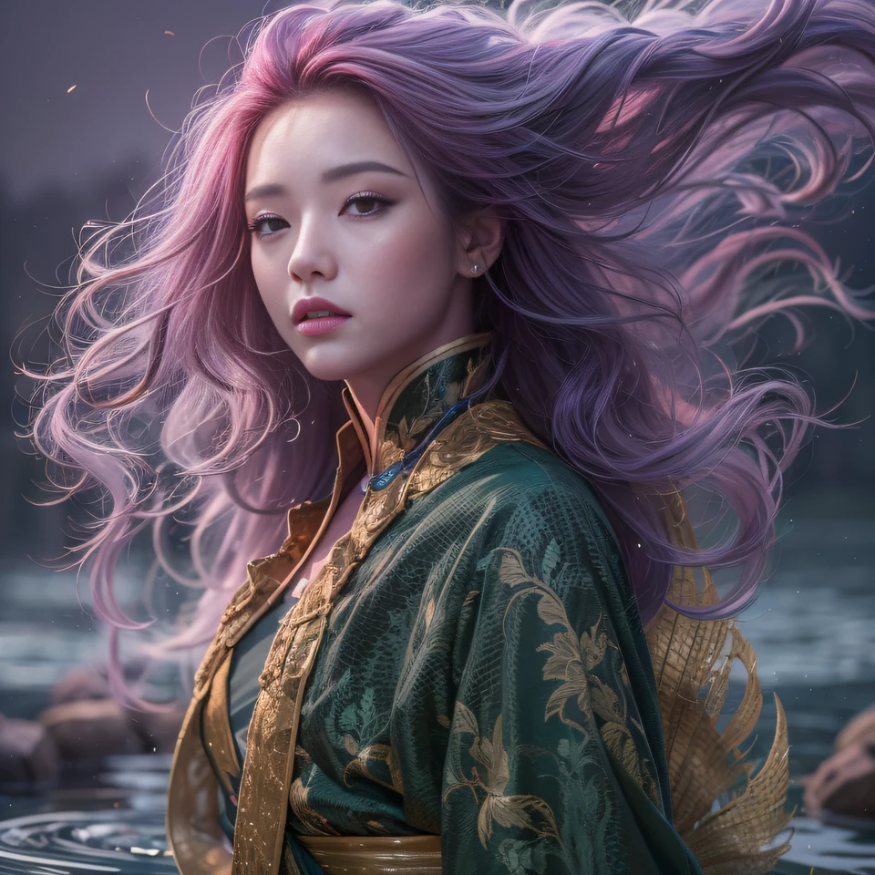 32K（tmasterpiece，k hd，hyper HD，32K）Long flowing bright purple hair，Autumn Pond，zydink， a color， Asian people （Kizi）， （Red scarf）， Combat posture， looking at the ground， long whitr hair， Floating bright purple， Fire cloud pattern gold tiara， Chinese long-sleeved gold silk garment， （abstract ink splash：1.2）， white backgrounid，Lotus protector（realisticlying：1.4），Bright purple hair，Smoke on the road，The background is pure， A high resolution， the detail， RAW photogr， Sharp Re， Nikon D850 Film Stock Photo by Jefferies Lee 4 Kodak Portra 400 Camera F1.6 shots, Rich colors, ultra-realistic vivid textures, Dramatic lighting, Unreal Engine Art Station Trend, cinestir 800，Long flowing bright purple hair