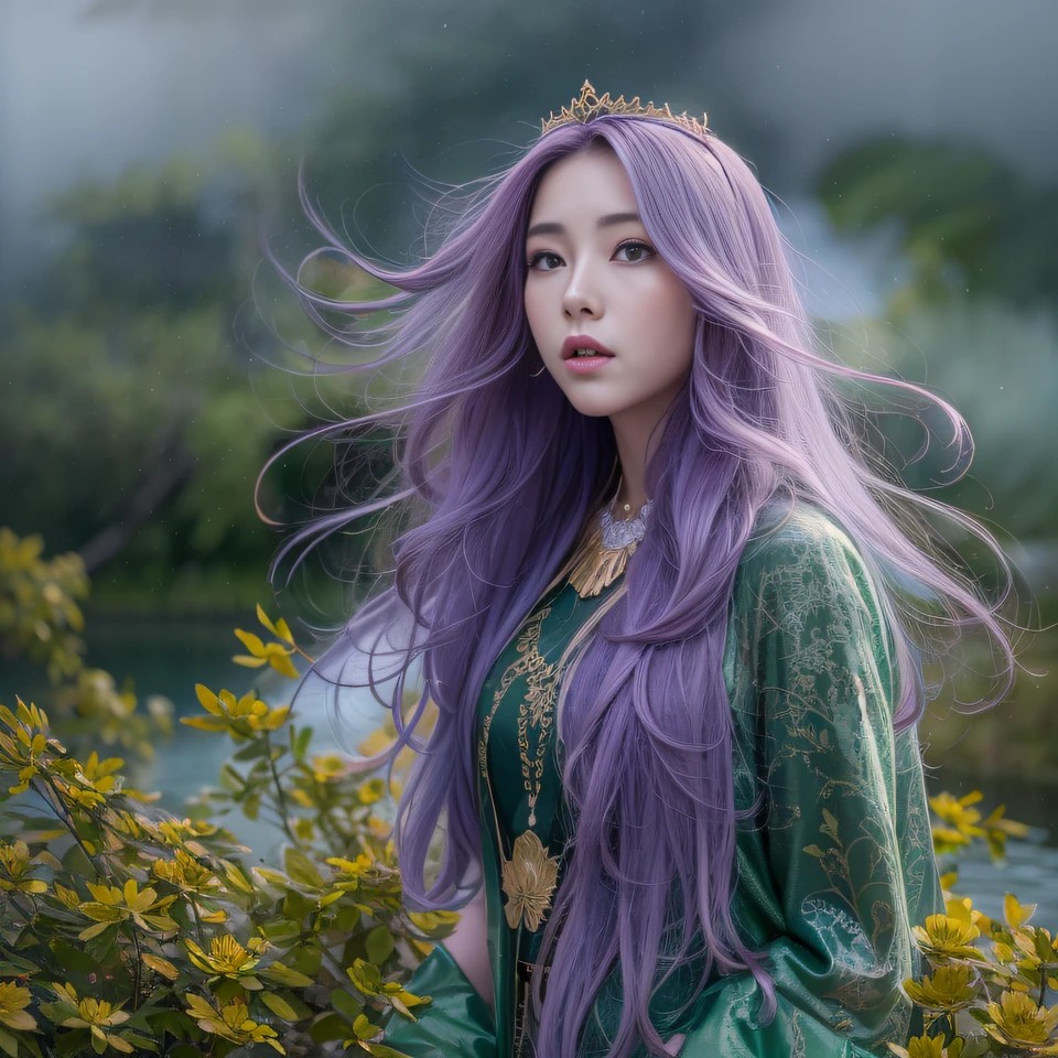 32K(tmasterpiece,k hd,hyper HD,32K)Long flowing bright purple hair,Autumn Pond,zydink, a color, Asian people (Kizi), (Red scarf), Combat posture, looking at the ground, long whitr hair, Floating bright purple, Fire cloud pattern gold tiara, Chinese long-sleeved gold silk garment, (abstract ink splash:1.2), white backgrounid,Lotus protector(realisticlying:1.4),Bright purple hair,Smoke on the road,The background is pure, A high resolution, the detail, RAW photogr, Sharp Re, Nikon D850 Film Stock Photo by Jefferies Lee 4 Kodak Portra 400 Camera F1.6 shots, Rich colors, ultra-realistic vivid textures, Dramatic lighting, Unreal Engine Art Station Trend, cinestir 800,Long flowing bright purple hair