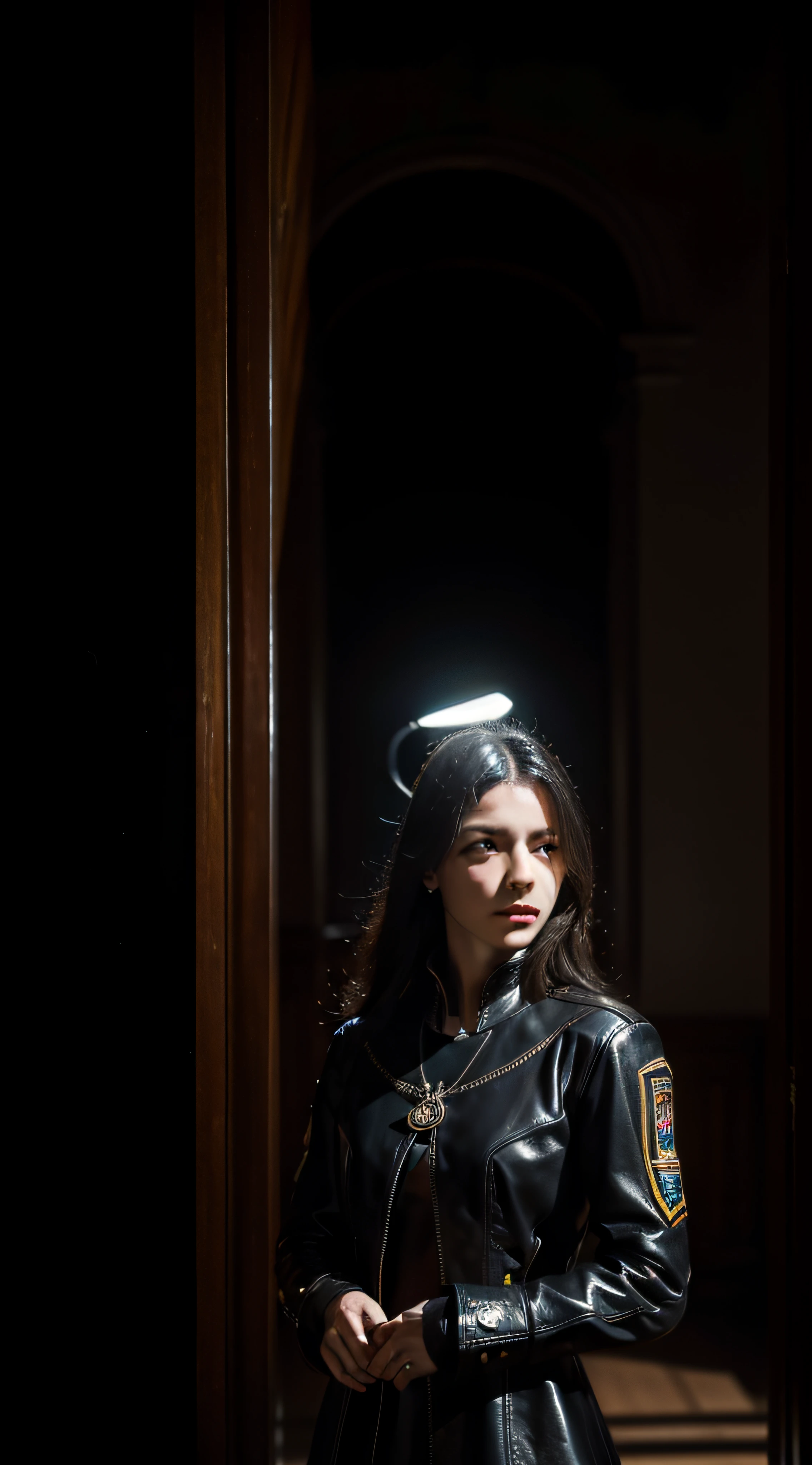 (extremadamente detallado, obra maestra, La mejor calidad, foto antigua, principios de siglo) latex, soldado estilo ciberpunk, armadura robotica, cables, tornillos, una linterna directa lo ilumina, biblioteca antigua. plano cercano. manchas. Caravaggio-style lighting. tenebrismo-