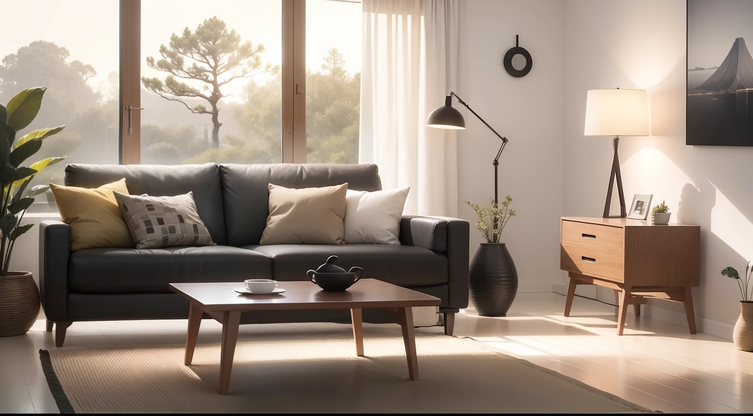 Craft an AI artwork that embodies the serene simplicity of Japandi design in a modern living room, blending Japanese minimalism and Scandinavian warmth.