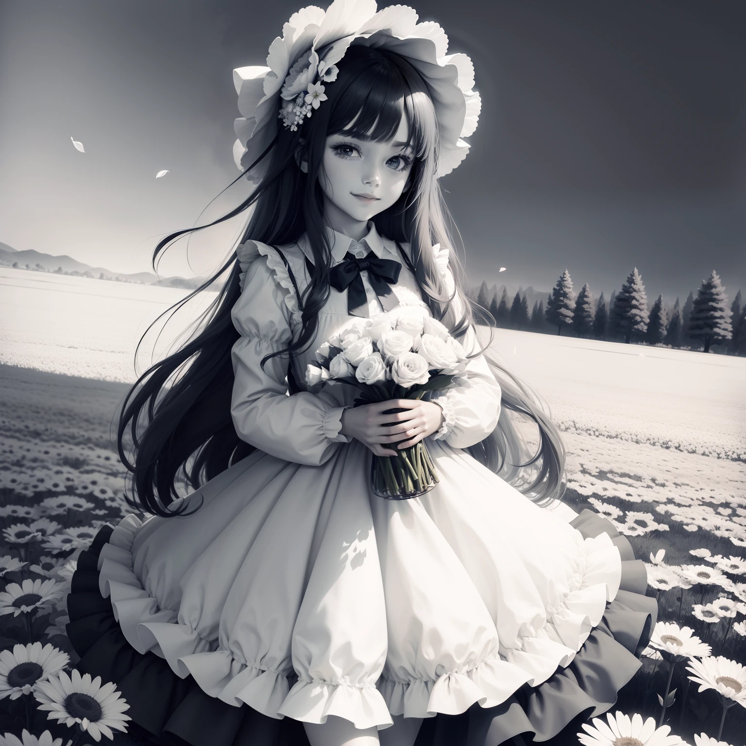 masterpiece, best quality, 1girl, solo, long_hair, looking_at_viewer, smile, bangs, skirt, shirt, long_sleeves, hat, dress, bow, holding, closed_mouth, flower, frills, hair_flower, petals, bouquet, holding_flower, center_frills, bonnet, holding_bouquet, flower field, flower field, lineart, monochrome,