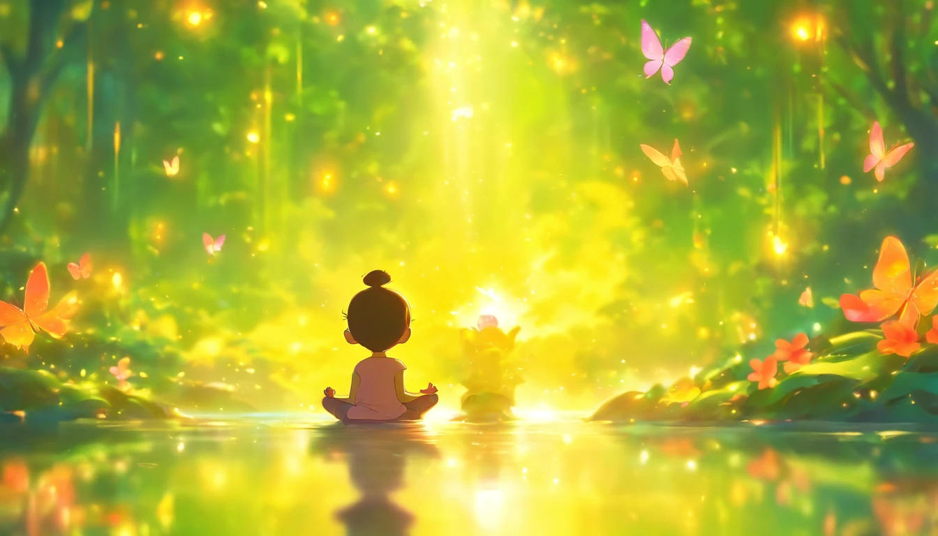 a child meditating,Em um jardim tranquilo,serene expression,LOTUS POSITION,Flores em flor,luz solar suave,tranquilidade,cores vibrantes,Atmosfera harmoniosa,meditation practice,foco profundo,innocence,serenidade,Jornada Espiritual,Crescimento e autodescoberta,Calma zen,Conectada com a natureza,calma da mente,dancing butterflies,serenidade,quietude,Brisa suave,felicidade e contentamento,quietude,inspiration,luz interna,energia positiva,balanced emotions,Centralidade,consciousness,harmonia entre corpo e mente,estado de felicidade de ser,silent reflection,Standing water,ambiente sereno,clareza mental,serendipidade,momento alegre,Totalidade e unidade,Awakening of Consciousness,peaceful sanctuary,Embrace of silence,serenidade profunda,harmonious existence,Leveza do Ser,graceful movements of the child's body.
