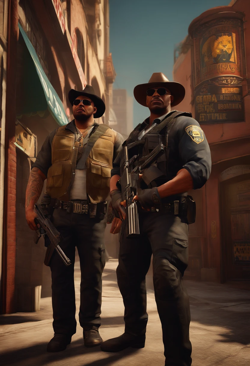 bandidos fugindo de uma loja assaltada por eles, policias ao redor, Use more scenery in the image, Create an image with GTA V graphics, personagens do mesmo estilo GTA V