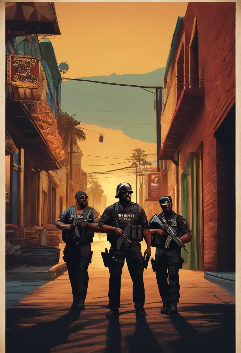 bandidos fugindo de uma loja assaltada por eles, policias ao redor, Use more scenery in the image, Create an image with GTA V graphics, personagens do mesmo estilo GTA V