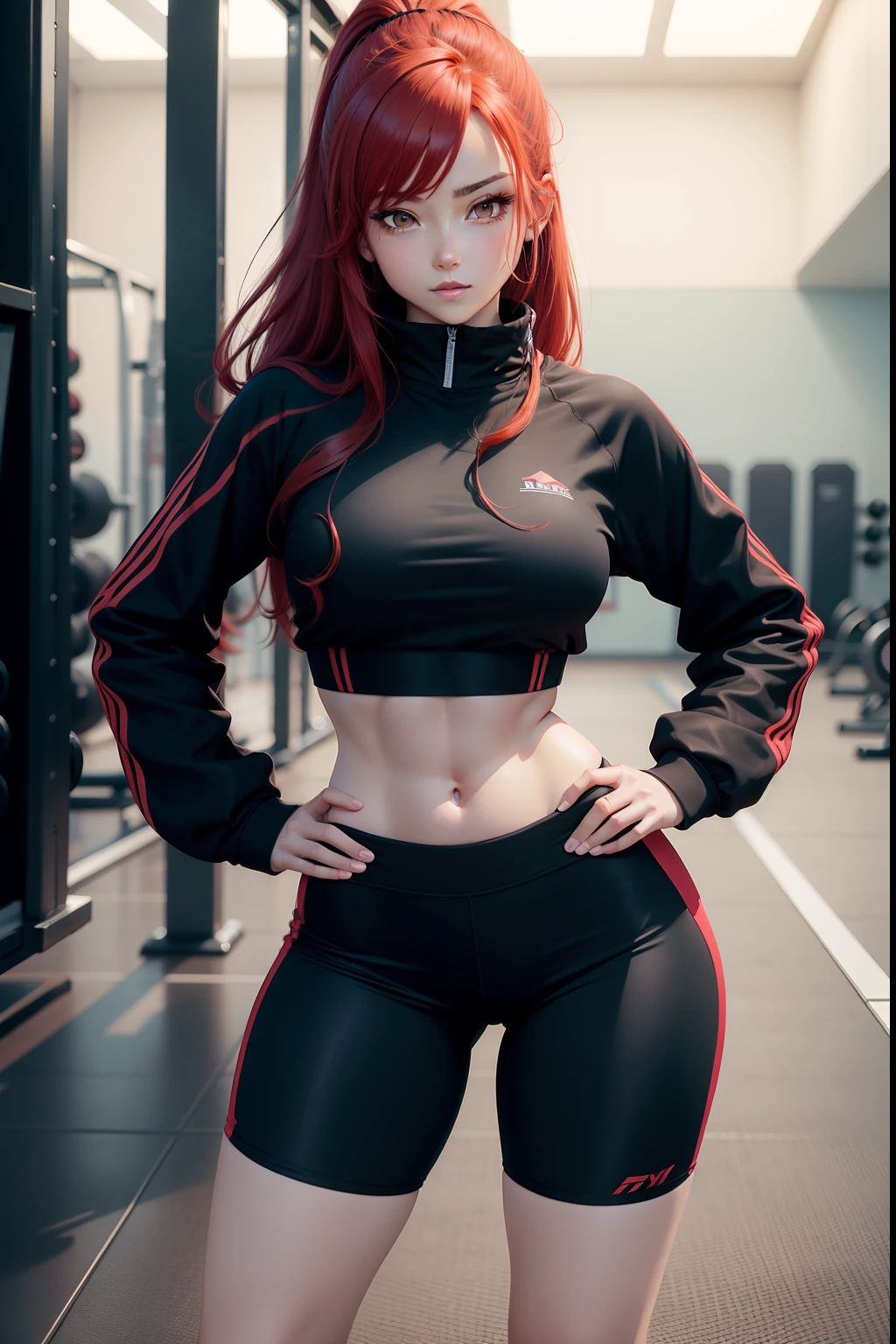 insanely detailed erotic illustration, perfect face, model, black eye liner, (natural red hair), long ponytail hair, (pink top), (tight white knit leggings of low cut), (thong straps peeking from leggings, straps around the hips):1.4, high canvas top converse, camel toe, nipping, posing, garage, chalk board, science equipment, accountant
