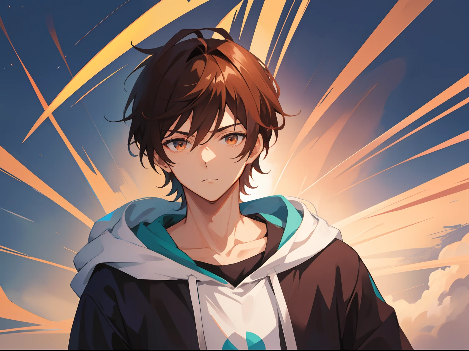 anime guy in hoodie , anime handsome man, anime boy, male anime character, handsome anime pose, male anime style, tall anime guy with hazel eyes, anime portrait of a handsome man, he has brown hairs, as hair color, with short hair and diffrent hairstyle, hero art