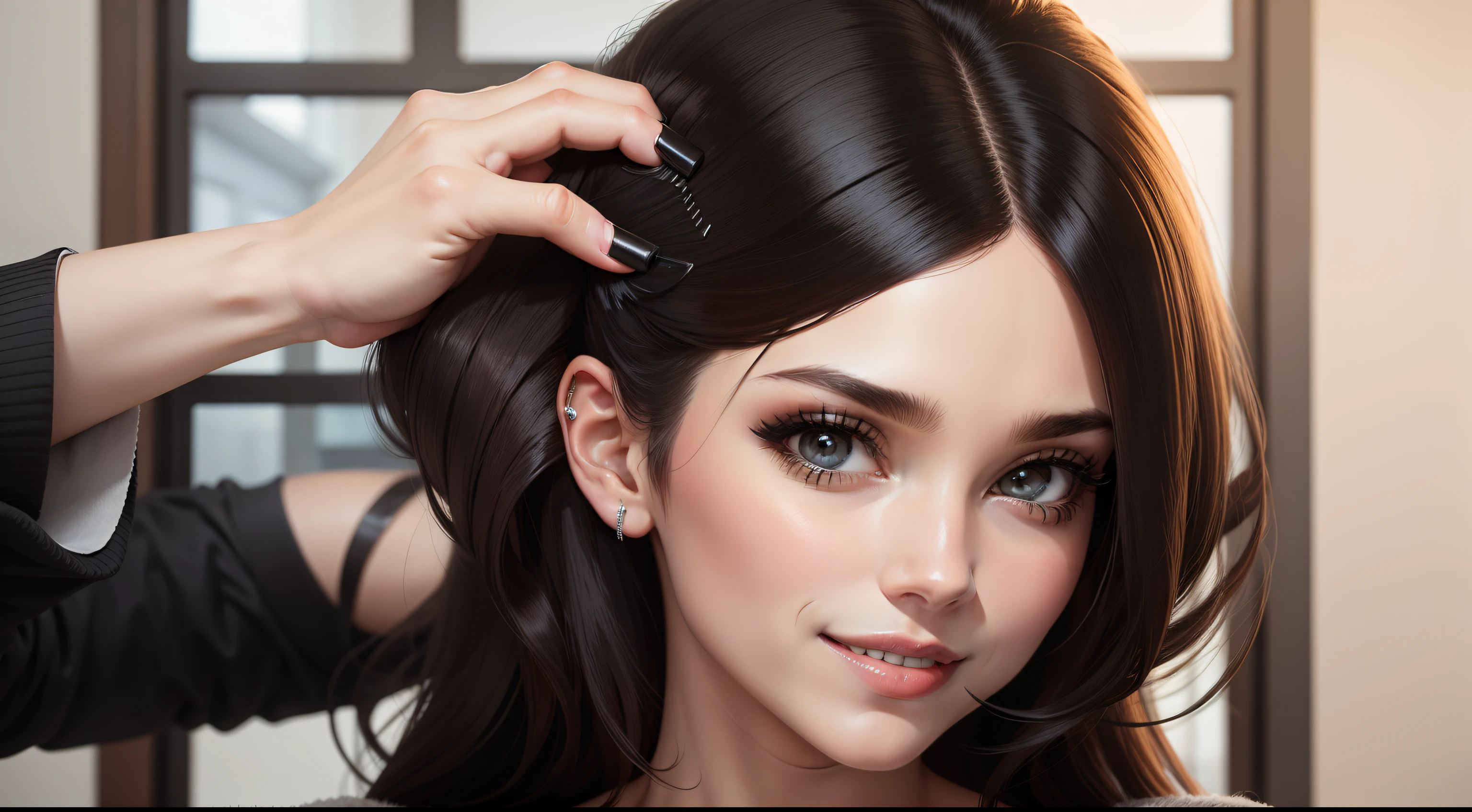 mulher sorriso suave discreto penteando cabelo preto escova hairmaker