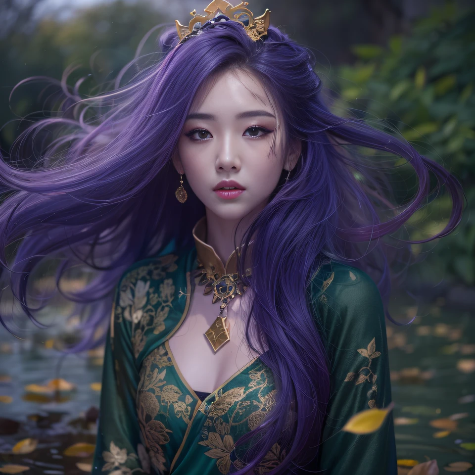 32K（tmasterpiece，k hd，hyper HD，32K）Long flowing bright purple hair，Autumn Pond，zydink， a color， Asian people （Kizi）， （Red scarf）， Combat posture， looking at the ground， long whitr hair， Floating bright purple， Fire cloud pattern gold tiara， Chinese long-sleeved gold silk garment， （abstract ink splash：1.2）， white backgrounid，Lotus protector（realisticlying：1.4），Bright purple hair，Smoke on the road，The background is pure， A high resolution， the detail， RAW photogr， Sharp Re， Nikon D850 Film Stock Photo by Jefferies Lee 4 Kodak Portra 400 Camera F1.6 shots, Rich colors, ultra-realistic vivid textures, Dramatic lighting, Unreal Engine Art Station Trend, cinestir 800，Long flowing bright purple hair