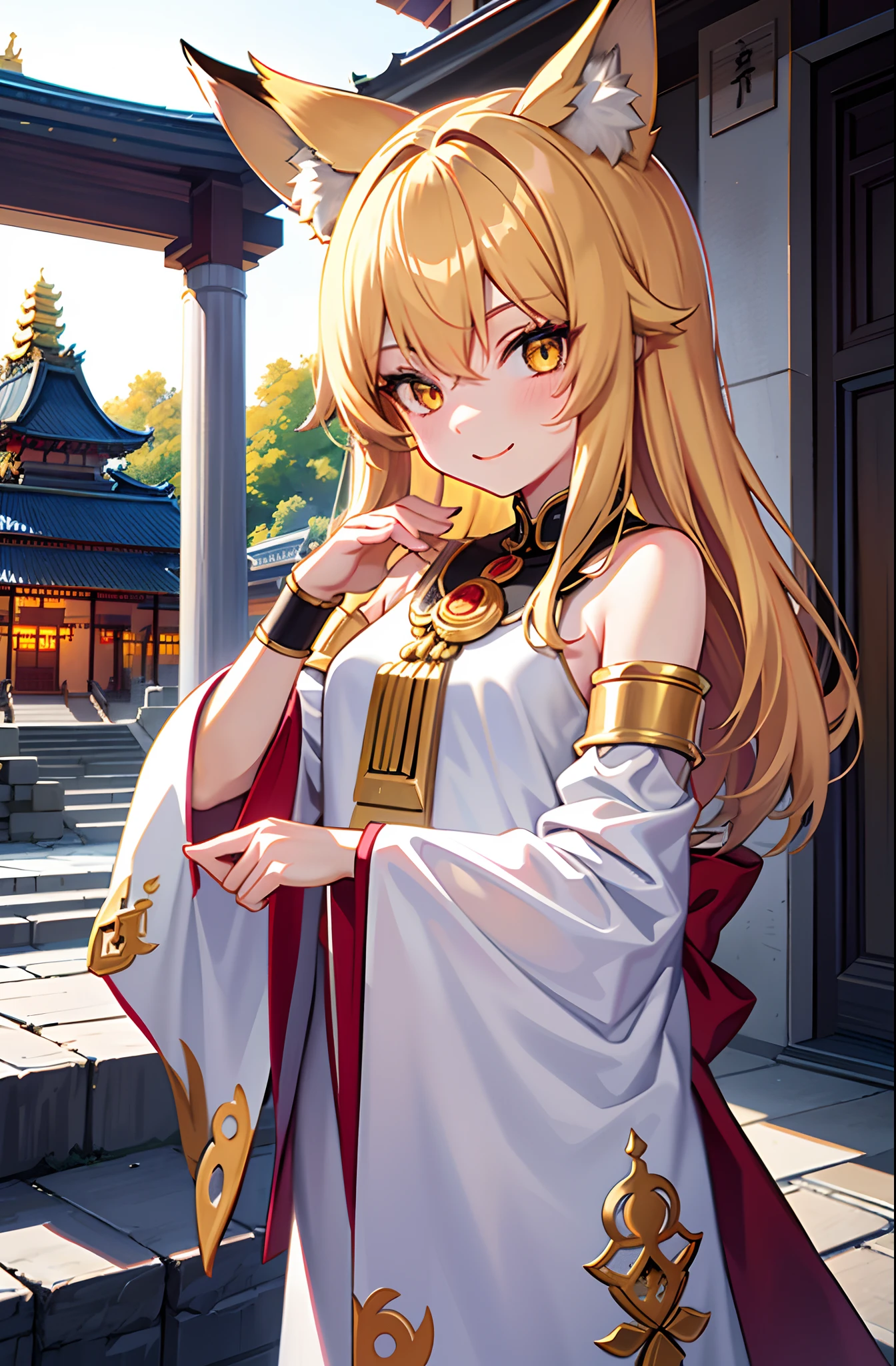 tmasterpiece， Best quality at best， 1girll， yellow eyes， Medium hair， stairways， SakuraNS， Temple， girl fox， Separate the sleeves， Animal ear， cheerfulness， Behind the arm，Upper body naked, Lower body naked, Full view