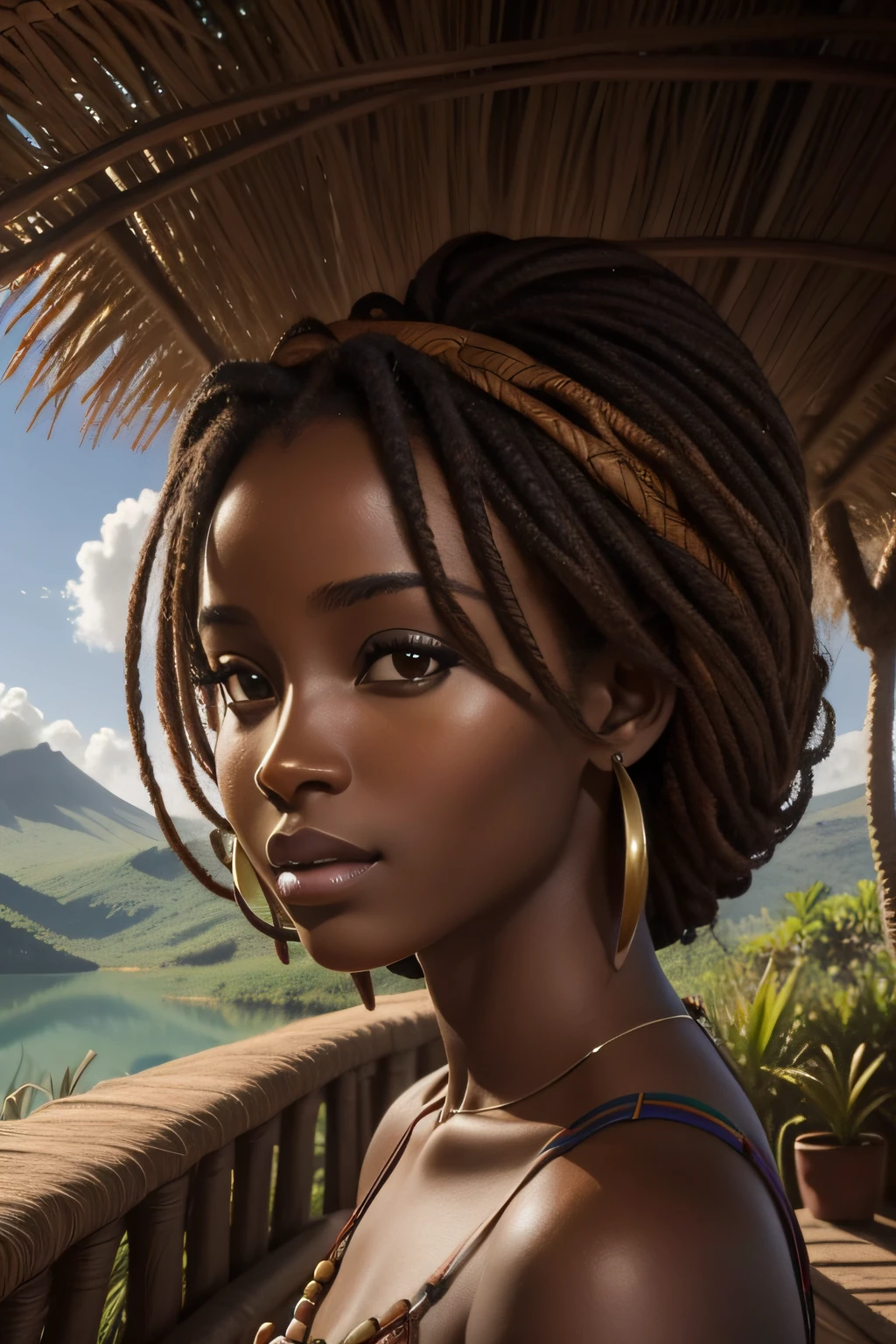 retrato realismo uma mulher  africana africana pele marrom escura queimada do sol, cabelos longos cacheados, roupas de princesas,  imagem intrigante, imagem limpa, ao fundo um lindo lago
