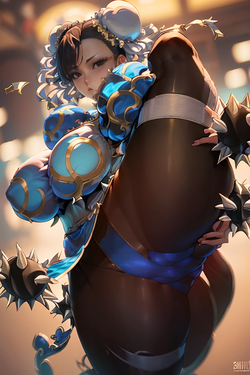 Chun-li, 40_years old_viejo, Mujer de aspecto maduro, Milf, (1girl), solamente:1.4, (en un qipao azul y dorado_bordado posando para una foto, escote, leggings marrones, taparrabo) retrato de Chun-Li, (brown_ojos, corto_cabello, brown_cabello, Doble_bien), OPPAI, Proporciones OPPAI, Anime hiperrealista, Diosa japonesa, Altamente detallado, big size ass_senos, escote, nipple outline, piel brillante, cuerpo perfecto, Cara perfecta, Figura completa hiperrealista