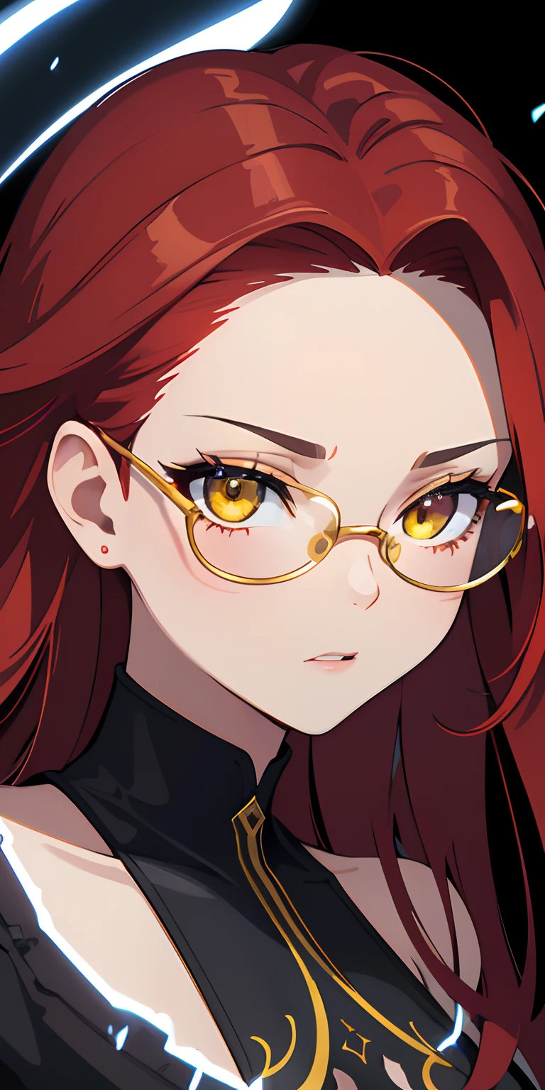 (masterpiece, best quality, ultra-detailed, best shadow), (detailed background,dark fantasy), (beautiful detailed face), high contrast, (best illumination, an extremely delicate and beautiful), ((cinematic light)), colorful, hyper detail, dramatic light, intricate details, (1girl, solo,red hair, sharp face,yellow eyes, forehead, dynamic angle), blood splatter, swirling black light around the character, depth of field,black light particles,(broken glass),magic circle, forehead   glasses