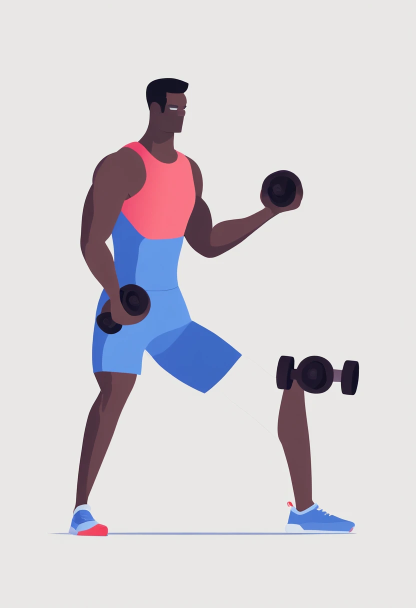 A man is exercising in the gym with a pair of dumbbells on the ground, flat illustration, UI illustration, GUI, minimalist, white background, bright color scheme