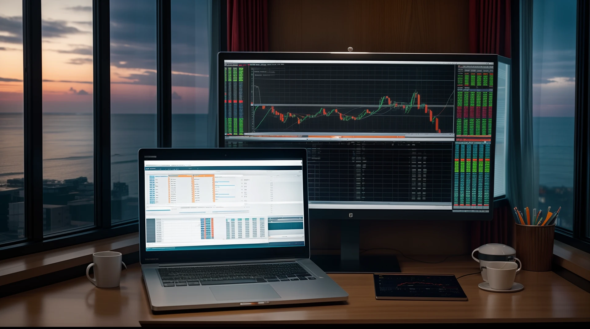 a desk in a trading floor, with stunning seaview from the big window, with two computer monitors and a laptop computer on it, displaying stock charts, trading stocks, trader, high quality stock picture, trading, 8k, uhd, best photo, hyper-realistic, super detailed, cinematic lighting, very high detailed, film grain, Fujifilm XT3, popular on flickr, Cinematic lighting, Portrait Art by great photographer, Crunchyroll, Cinematic Keyframe, VI, hyperrealism, ISO 200, 1/160s, octane render, 3D, photorealistic, cinematic lighting Hdr, hyperdetailed, wide angle, super graphically realistic, enhanced hands, Sense of Depth, rich cinematic atmosphere