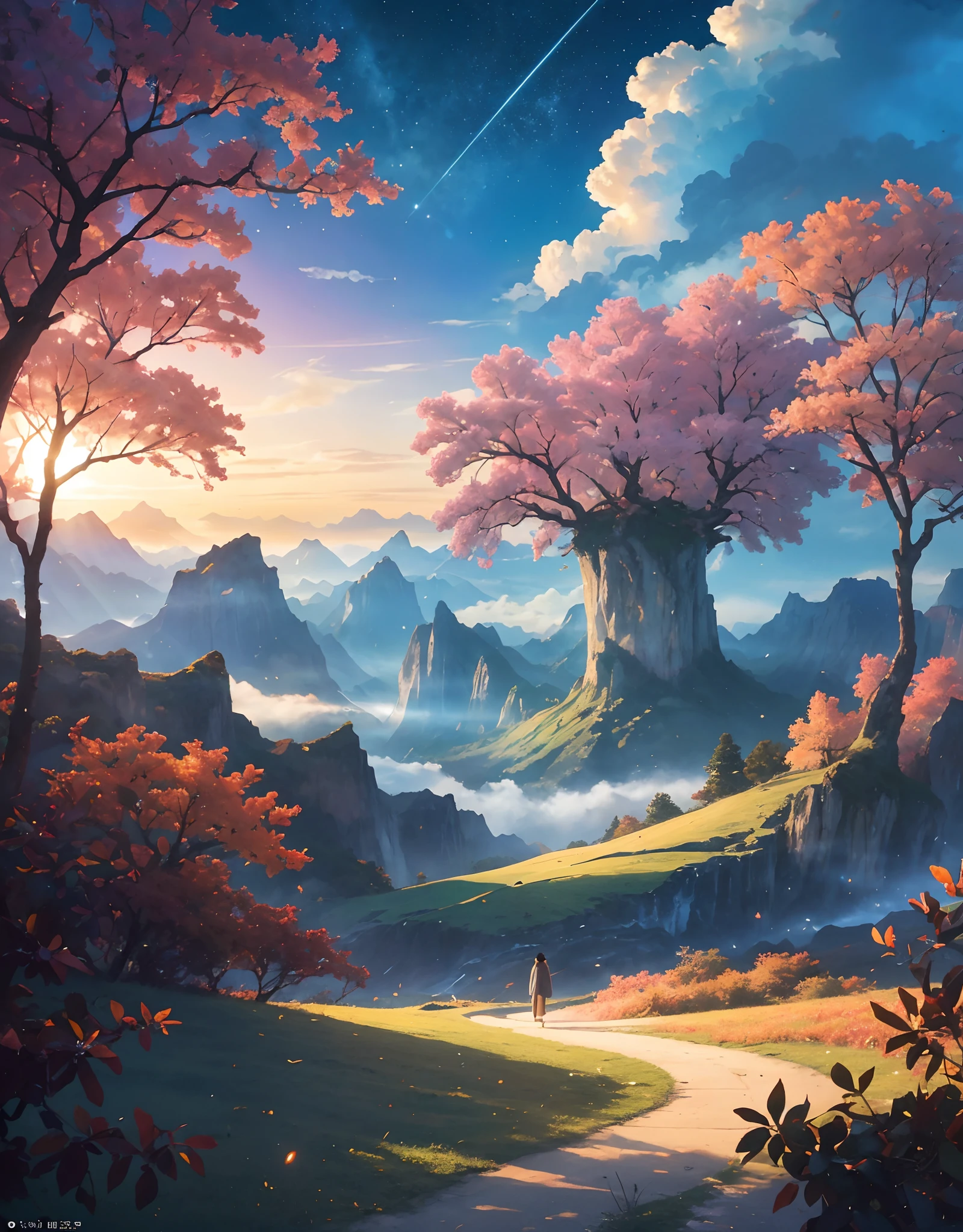 ancient fantasy world, ancient land above clouds in the sunset background masterpiece, tall cliff, rule of third, human walking back (artstation, pinterest, human :0.8), beautiful art uhd 4k, 4k hd wallpaper very detailed, extraordinary colorful landscape, 4k highly detailed digital art, landscape wallpaper, scenic colorful environment, fantastic landscape, 8k high quality detailed art, majestic nature scenery, detailed painting 4k, epic beautiful landscape, natural landscape beauty, Landscape, lots of glow particle, fireflies, very many lots of fireflies, makoto shinkai cyril rolando, kimi no nawa meteor, anime art wallpaper 8k, Top quality masterpiece, deep focus, macro shot, lots lamp, falling leaf, glowing light, object, color combination masterpiece, glowing light, dark, reflection, beautiful anime scene, japanese concept landscape art, volumetric lighting, bokeh, anime beautiful peace scene, pure lanscape, 8k beautiful anime, intricate, elegant, point of interest photography, anime (masterpiece, lighting, finely detailed), colorful sky, ray of light, rule of third, colorful landscape, (dew, water : 0.2), Fog, Colorful Natural Lighting Masterpiece, ( all nature element is glowing light : 1.2)