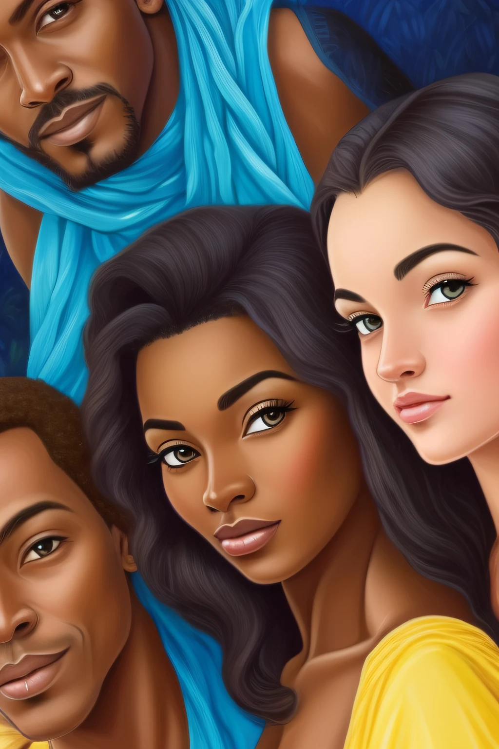 (Best Quality, 2k, Masterpiece, QHD: 1.3, A Handsome short haired african barbarian   man is surrounded by three women up against him touching him and gaze at him, at a mansion, wearing Tracksuits that show off thicc body, perfect voluptuous bodies, women: long flowing hair, flowers in hair, seductive, sensual,  materials, golden hour, jewelry, golden hour, photorealistic, masterpiece, in love, small grin, perfect faces, Flirtatious-groping 