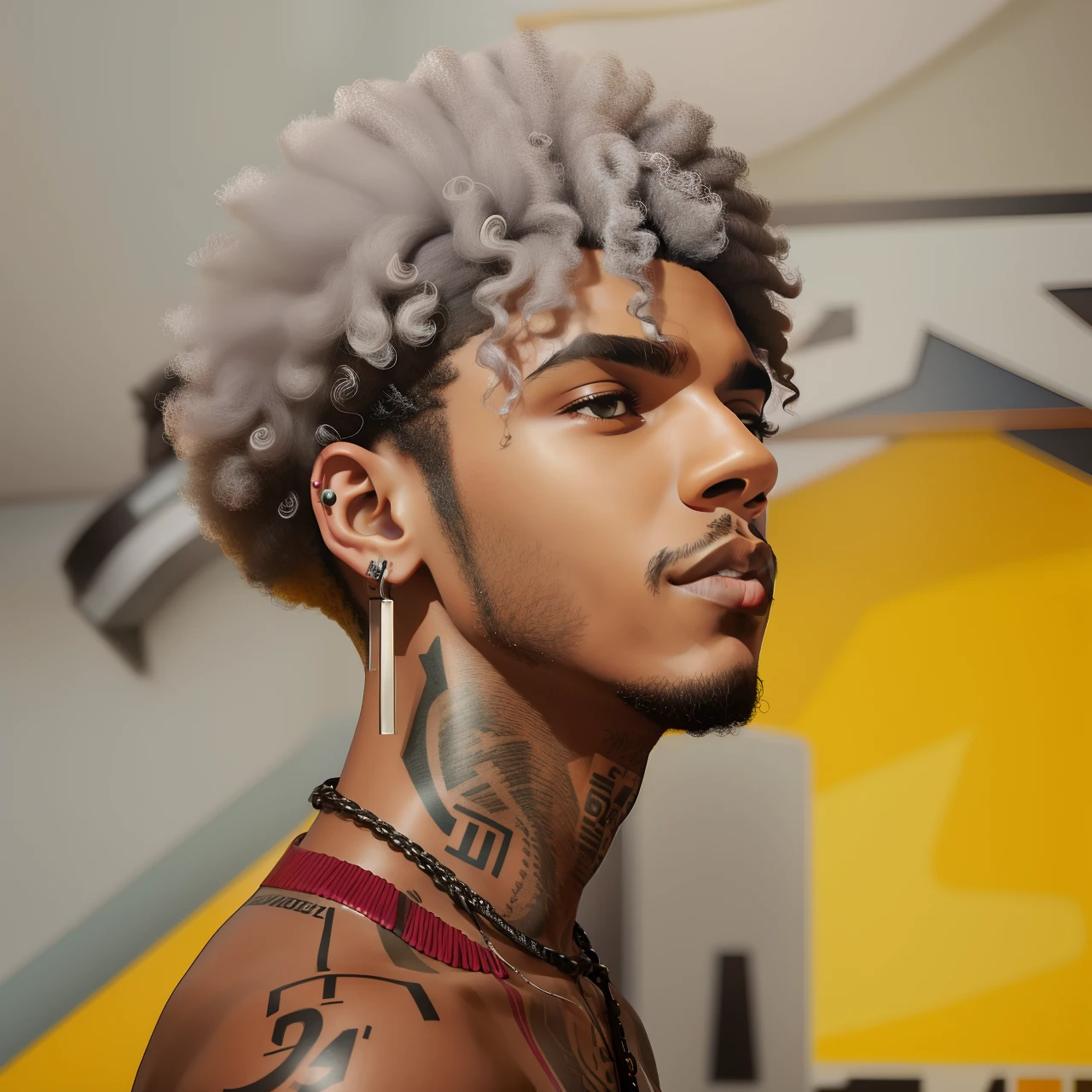 Young man with a tattoo on his neck and a piercing on his face, cabelos cacheados prateados, xxxtentacion, com cabelos cacheados pretos e prateados, retrato colorido, usando cabelos prateados, curls on top of his head, east african man with curly hair, com afro, afro futurista, afro encaracolado, homem negro com cabelo afro, cabelos grisalhos nublados, retrato de alta qualidade