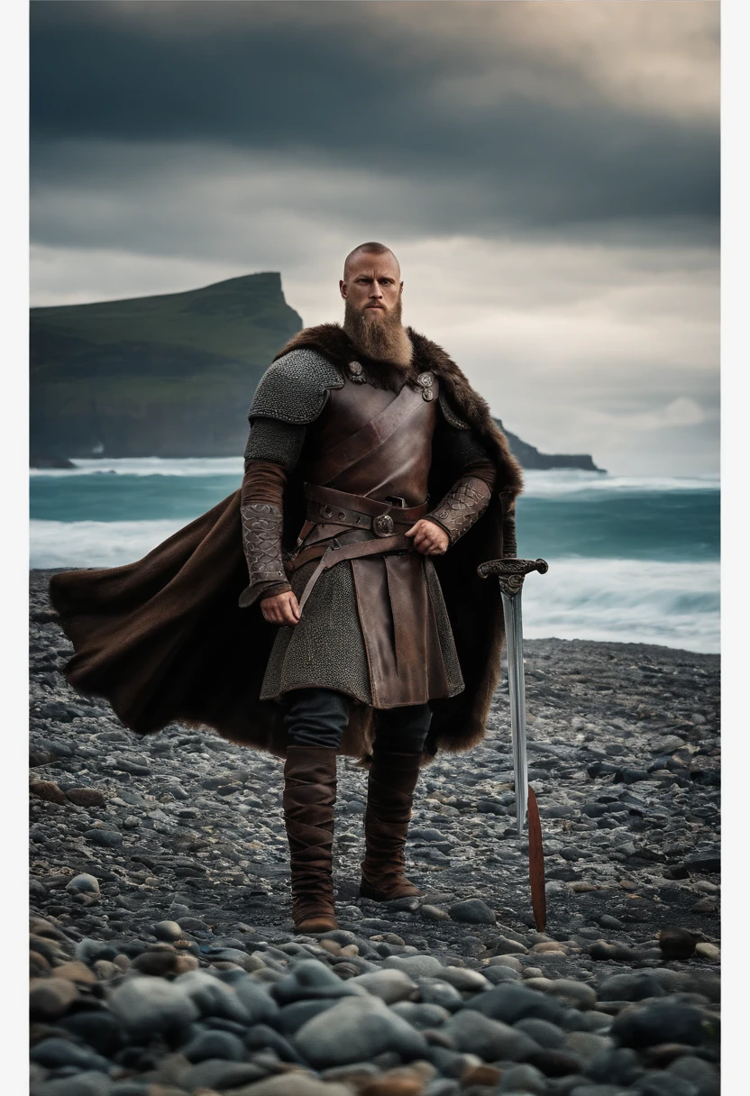 An ultra-realistic image of Ragnar Lothbrok ready to embark on an epic journey. Ragnar is standing on a rocky beach, Dress in her leather tunic and fur cape, with his sword in one hand and looking determinedly at the horizon, enquanto o vento suave agita sua capa