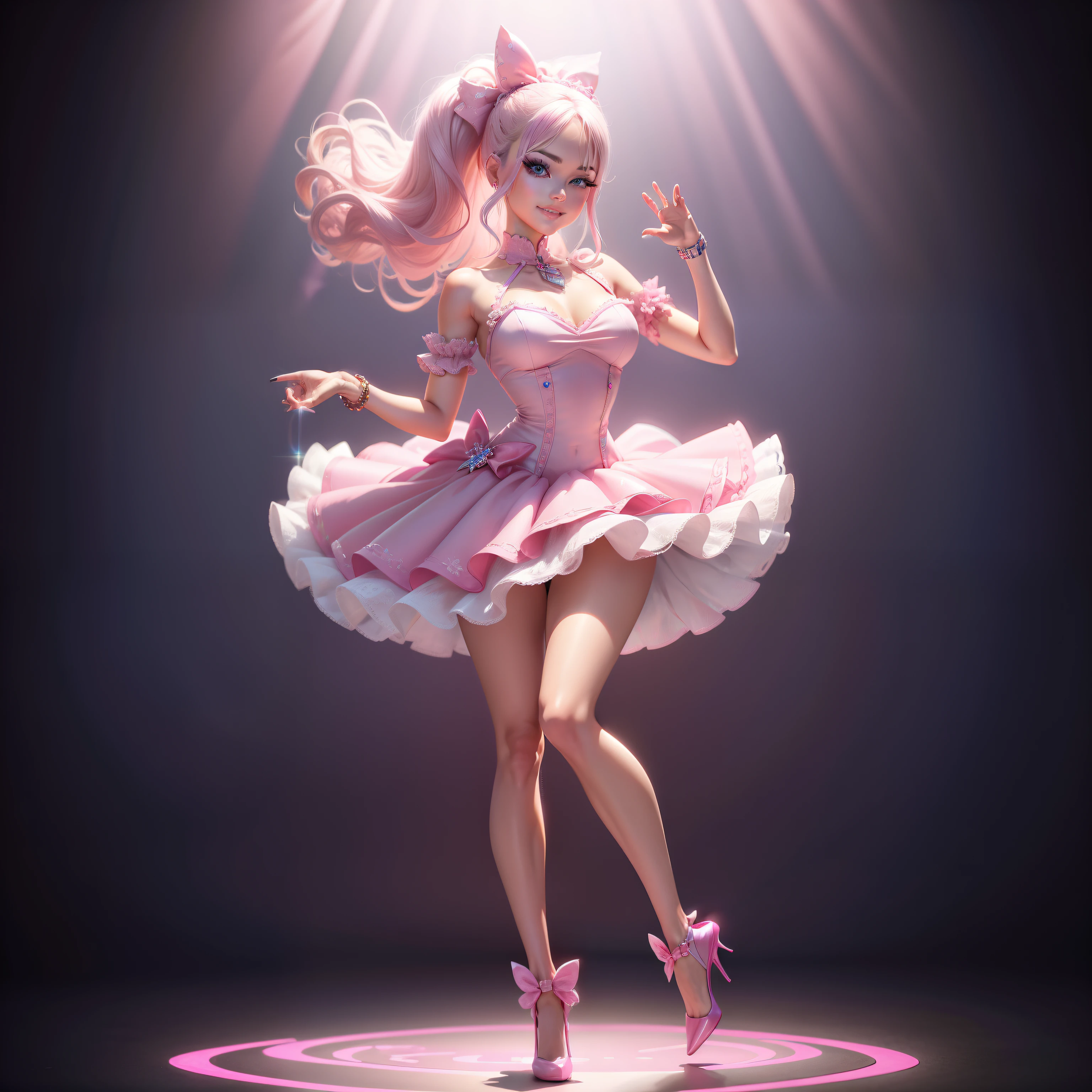 Barbie, ((Full body)), Blue eyes, Smiling face, Hair loss swaying in the wind, Hip Hop Singer Pose, Dressed in hip-hop style, Wearing a pink dress that reflects light,swarovski,pasties,With a pink bow on the arm, Fashion, Extremely high quality, high details, 8K, clean back ground, in studio, ((Full body shot)),Fingers are realistic,Accurate Hand Modeling,