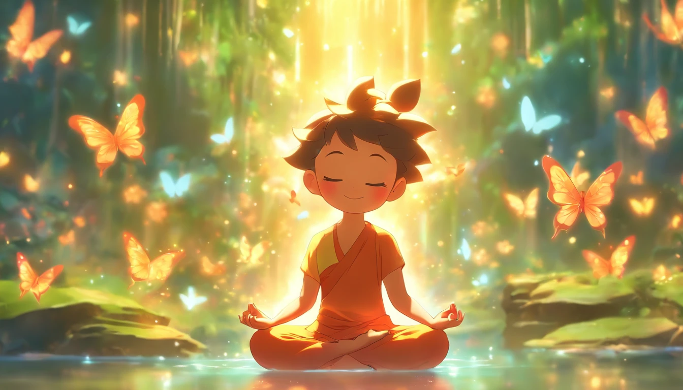 a meditating,Em um jardim tranquilo,serene expression,LOTUS POSITION,Flores em flor,luz solar suave,tranquilidade,cores vibrantes,Atmosfera harmoniosa,meditation practice,foco profundo,innocence,serenidade,Jornada Espiritual,Crescimento e autodescoberta,Calma zen,Conectada com a natureza,calma da mente,dancing butterflies,serenidade,quietude,Brisa suave,felicidade e contentamento,quietude,inspiration,luz interna,energia positiva,balanced emotions,Centralidade,consciousness,harmonia entre corpo e mente,estado de felicidade de ser,silent reflection,Standing water,ambiente sereno,clareza mental,serendipidade,momento alegre,Totalidade e unidade,Awakening of Consciousness,peaceful sanctuary,Embrace of silence,serenidade profunda,harmonious existence,Leveza do Ser,graceful movements of the childdy.