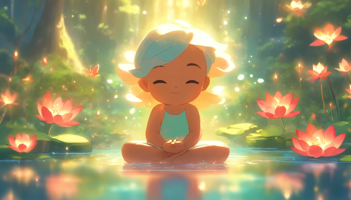 a child meditating,Em um jardim tranquilo,serene expression,LOTUS POSITION,Flores em flor,luz solar suave,tranquilidade,cores vibrantes,Atmosfera harmoniosa,meditation practice,foco profundo,innocence,serenidade,Jornada Espiritual,Crescimento e autodescoberta,Calma zen,Conectada com a natureza,calma da mente,dancing butterflies,serenidade,quietude,Brisa suave,felicidade e contentamento,quietude,inspiration,luz interna,energia positiva,balanced emotions,Centralidade,consciousness,harmonia entre corpo e mente,estado de felicidade de ser,silent reflection,Standing water,ambiente sereno,clareza mental,serendipidade,momento alegre,Totalidade e unidade,Awakening of Consciousness,peaceful sanctuary,Embrace of silence,serenidade profunda,harmonious existence,Leveza do Ser,graceful movements of the child's body.