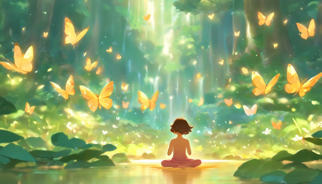 A child meditates in the forest,calm,Back,Many butterflies in the forest