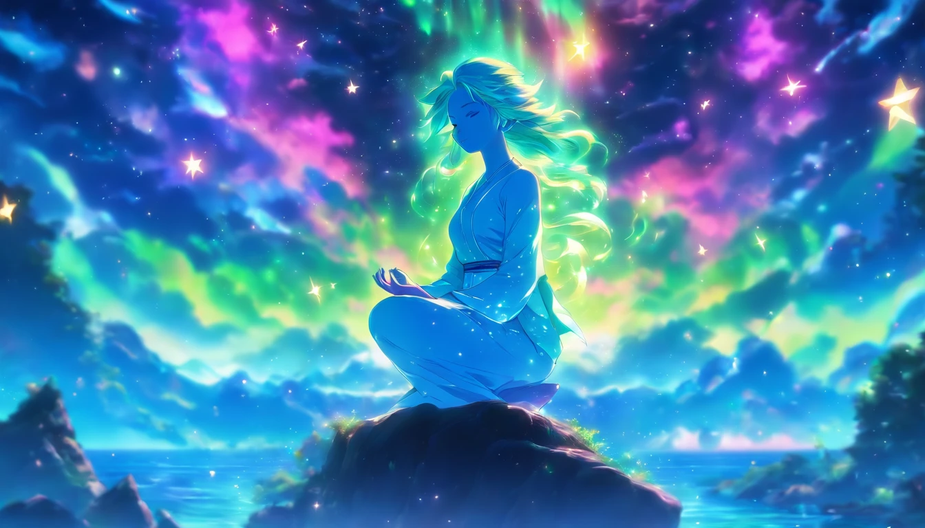 uma mulher meditando em um lugar pacifico e solitario com ceu estrelado e aurora boreal