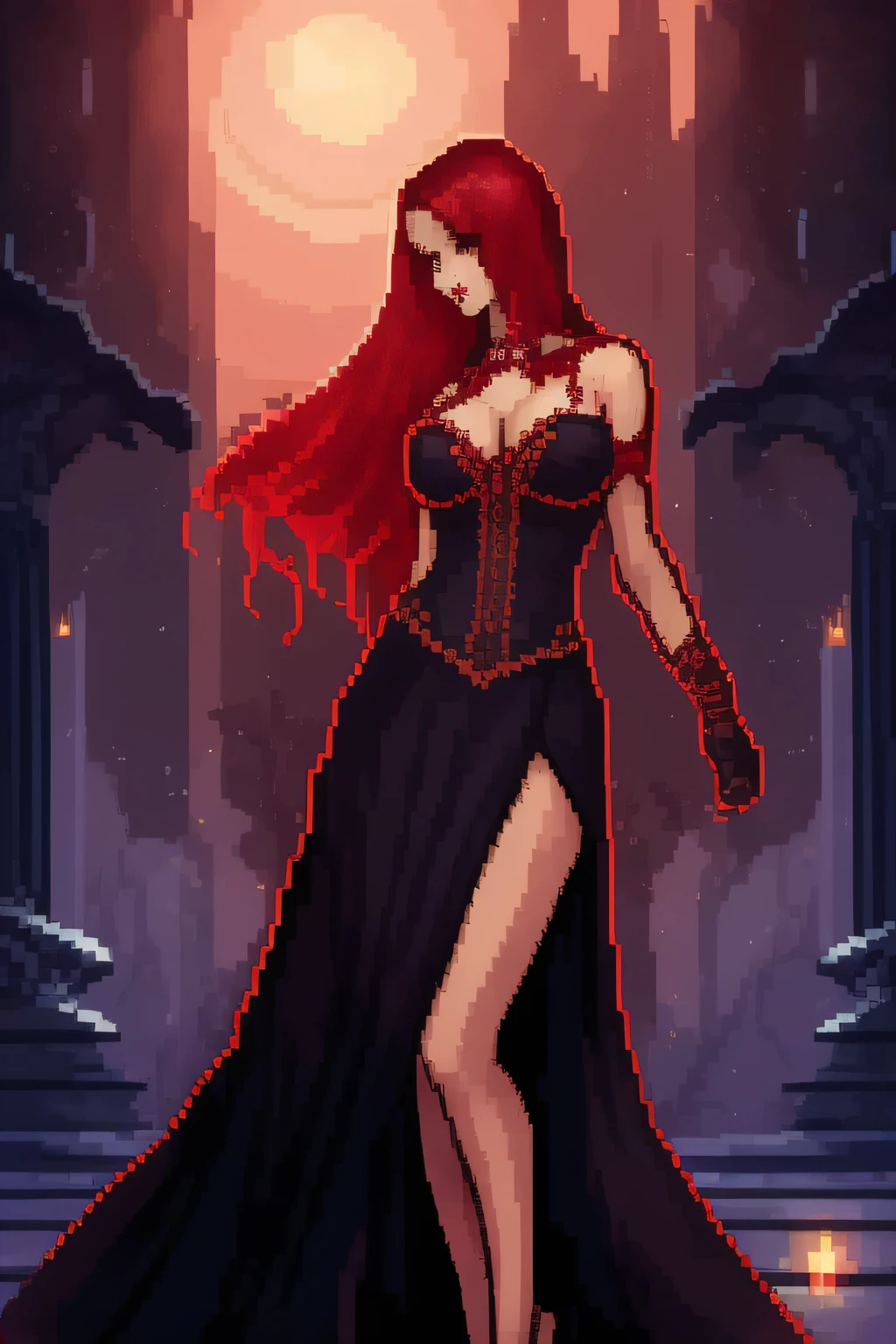 Pixelart-Stil, Beautiful vampire lady in a dark long dress with cleavage, auf einer Underground-Party, big boobs, spitze Ohren,