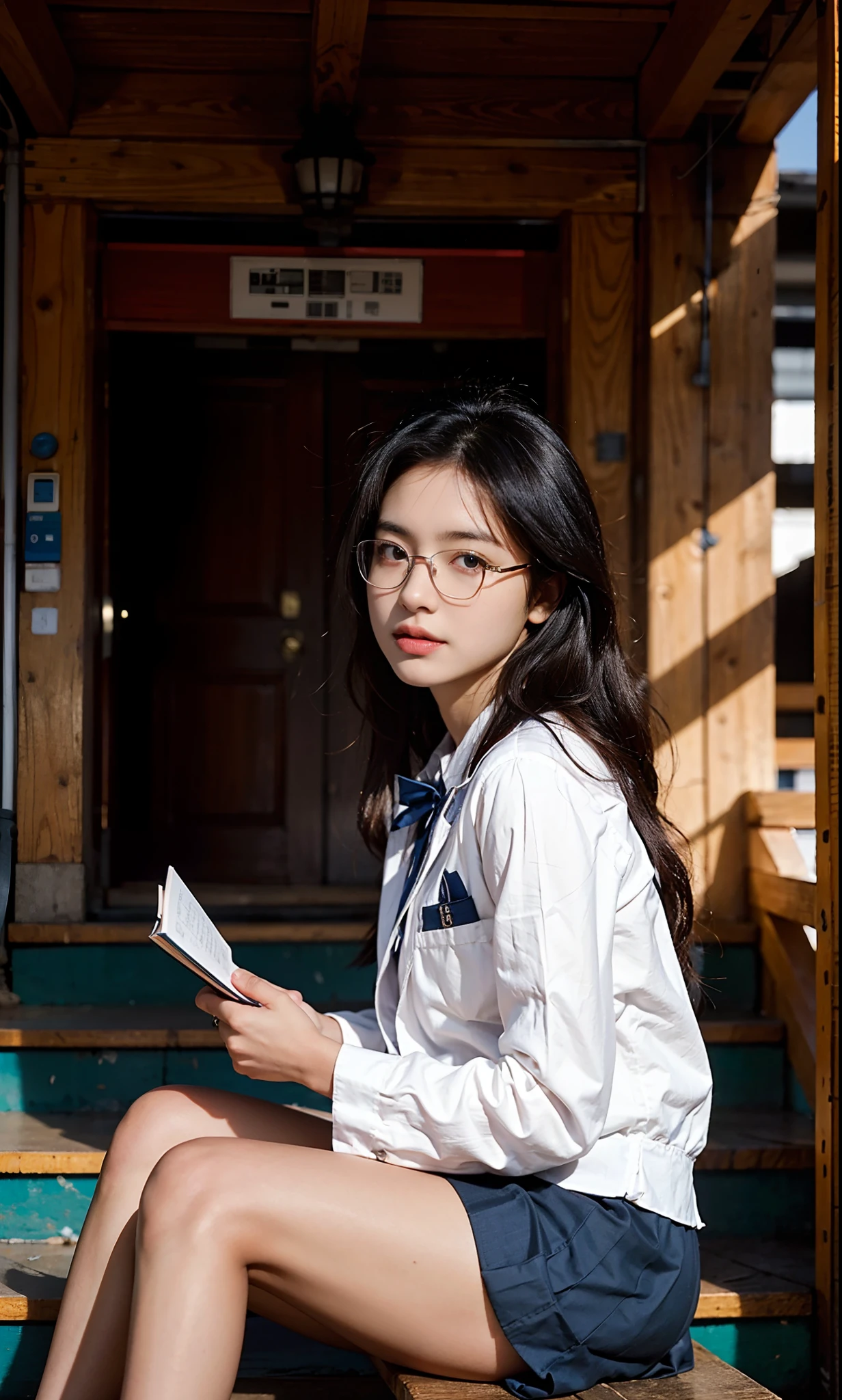 ulzang-6500-v1.1, (RAW photo:1.2), (Photorealistic:1.4), Beautiful detailed girl, Very detailed eyes and face, Beautiful detailed eyes, ridiculous, Incredibly Ridiculous res, hugefilesize, Super detailed, high resolution, Very detailed, Best quality, Masterpiece,, ((Japanes girl' high school uniform)), illustration, Very detailed, CG, unified, 8K wallpaper, Amazing, Fine details, Masterpiece, Best quality, Very detailed CG uniform 8k wallpaper, light in face, 1 girl with glasses, The girl holds a book in her hand, The girl sits on the steps in front of the school building,Steps