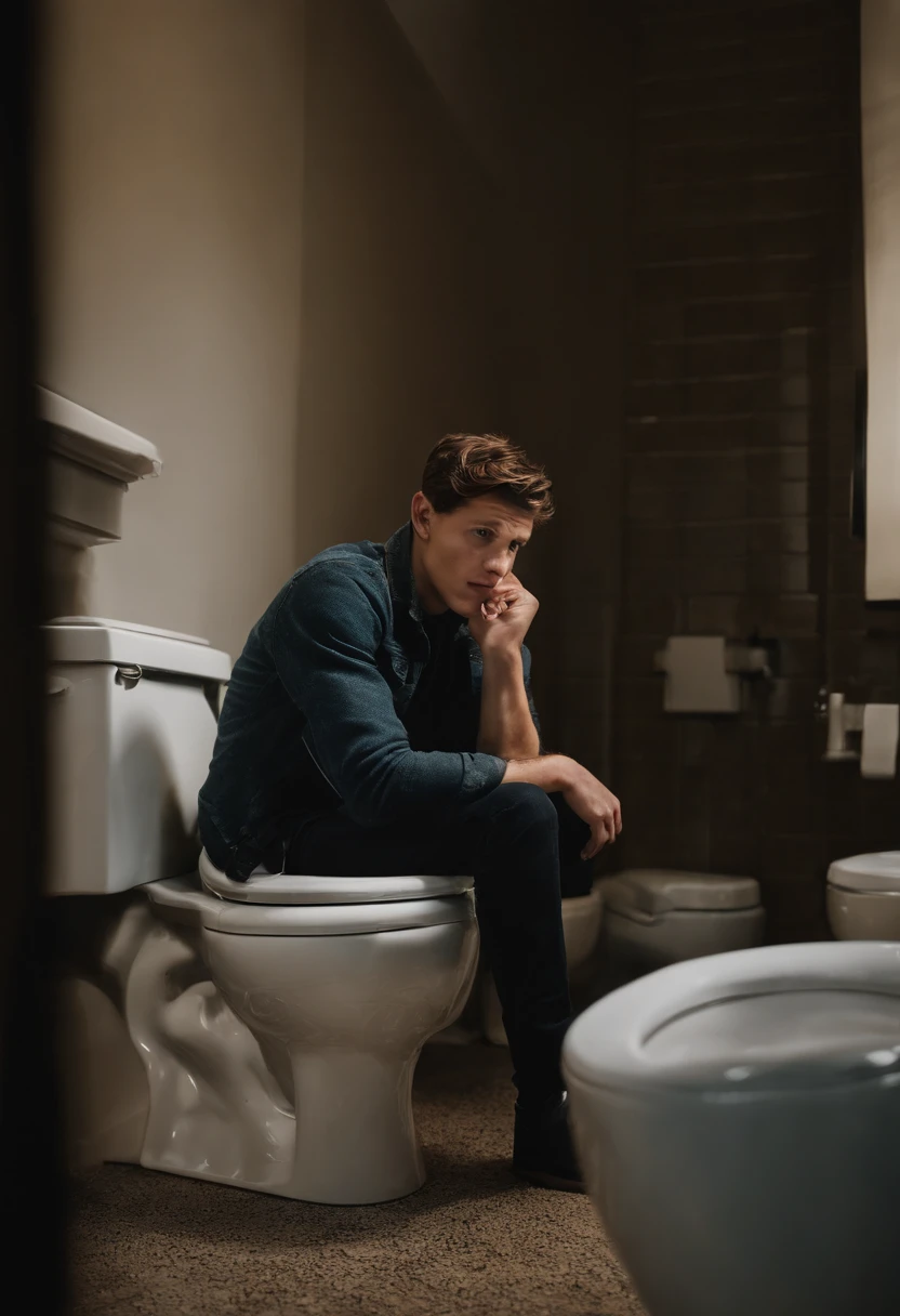 Tom holland em um banheiro, sitting on the toilet,lendo uma hq.